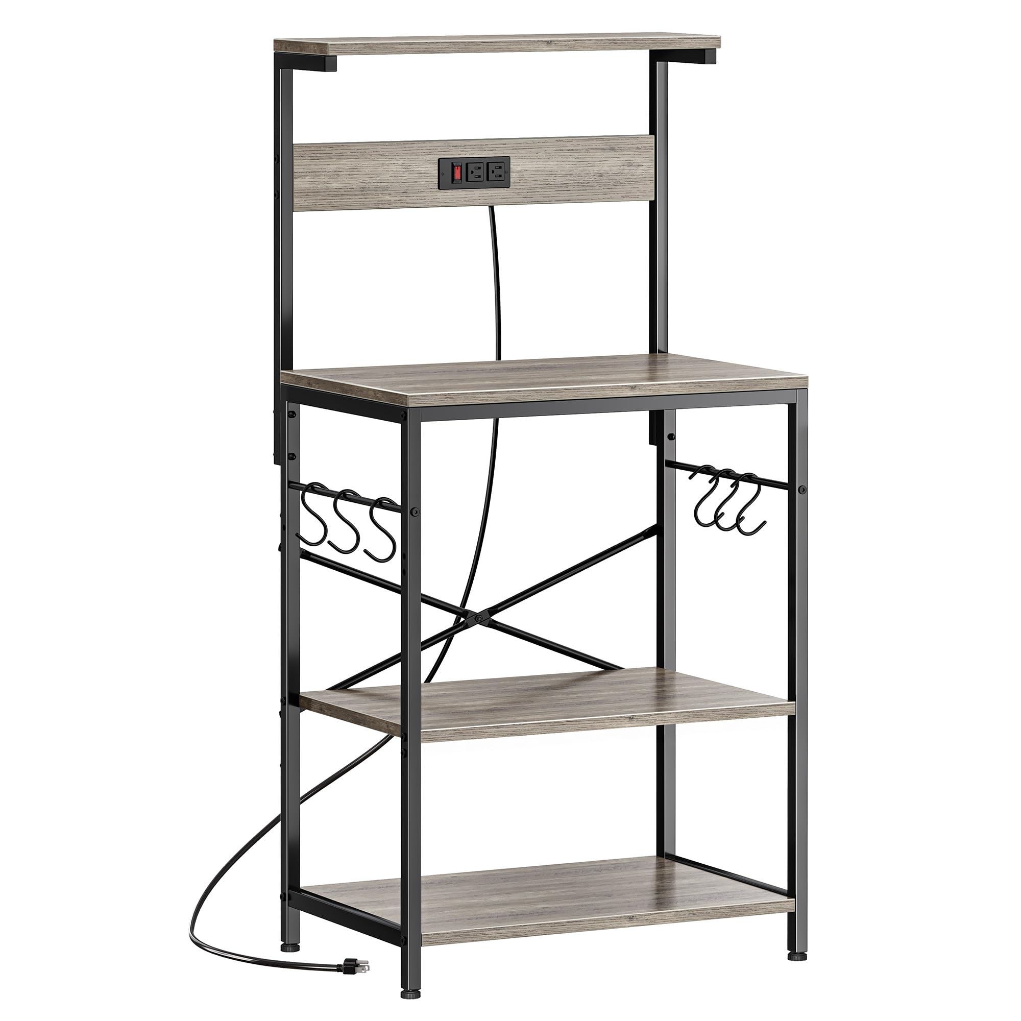 SUPERJARE Kitchen Bakers Rack with Power Outlet, Coffee Bar Table 4 Tiers, Kitchen Microwave Stand with 6 S-shaped Hooks, Storage Shelf Rack for Spices, Pots and Pans - Rustic Brown