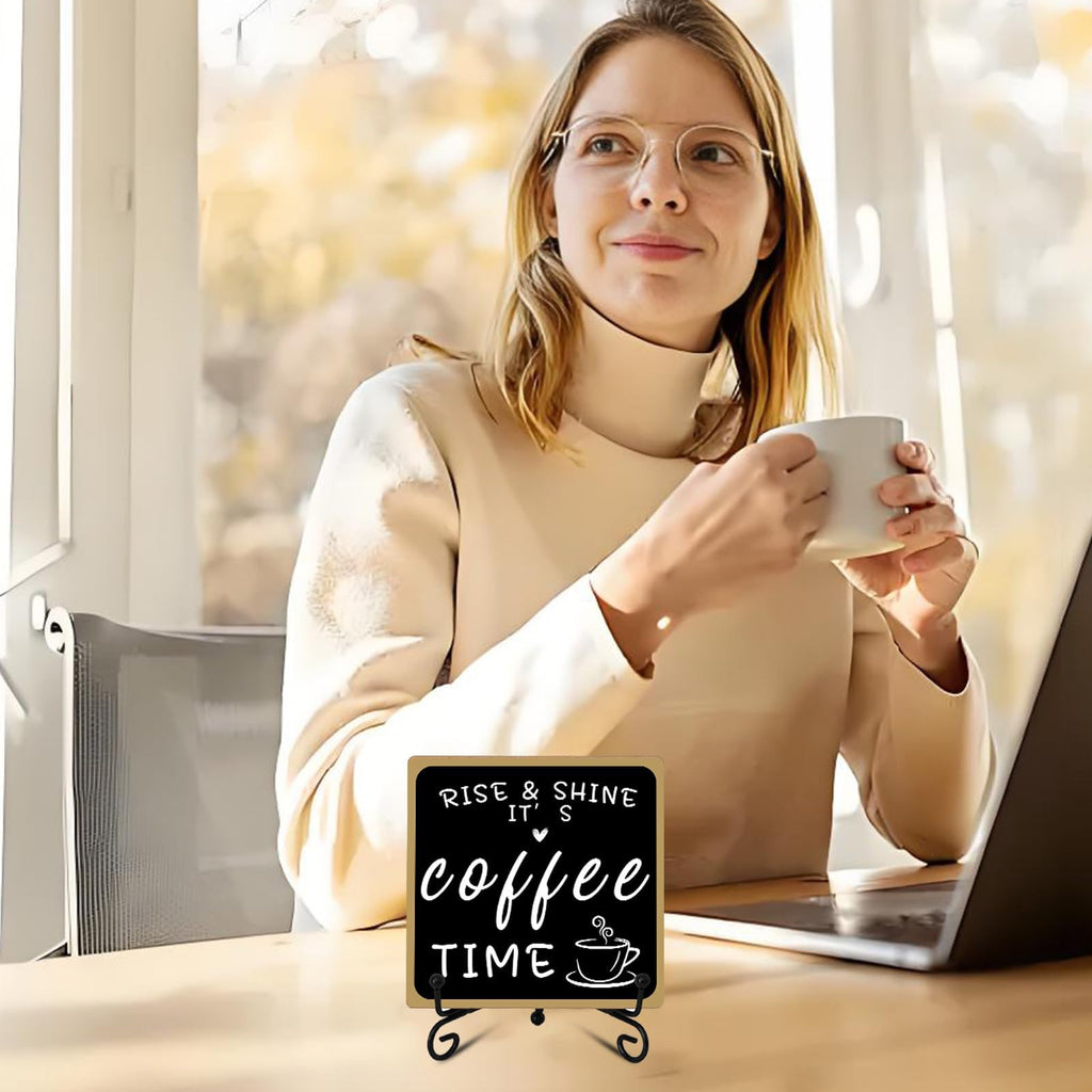 Wooden Coffee Bar Sign Coffee Bar Decor, Coffee Bar Decorations Black and White with Iron Stand Bar Tabletop Shelf Accessories, Coffee Signs Decors for Coffee Station Home Farmhouse Kitchen & Office