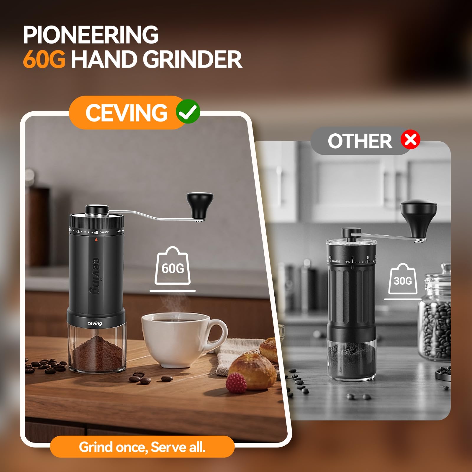 World's First 60g Large Capacity Manual Coffee Grinder, Portable Hand Coffee Bean Mill with 40 Adjustable Settings, Stainless Steel Burr Grinder for Pour Over, Camping, Travel, Gift (Forest Green)