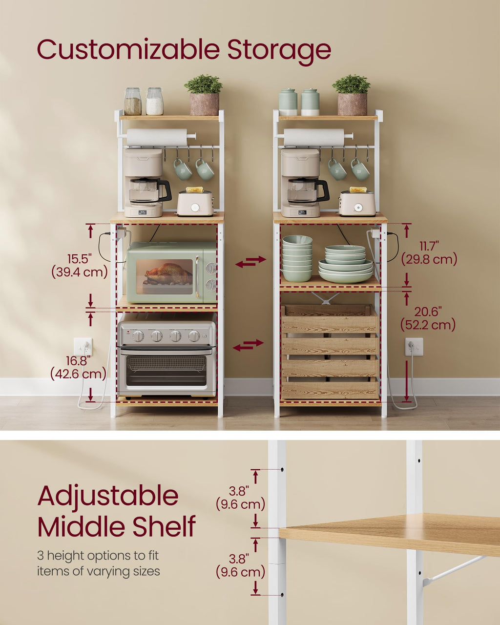 VASAGLE BARNET Collection - Kitchen Bakers Rack with Power Outlet, 31.5-Inch Wide Coffee Bar 4-Tier with 8 S Hooks, Modern Microwave Stand, Adjustable Shelf, Rustic Brown and Ink Black UKKS029KD01