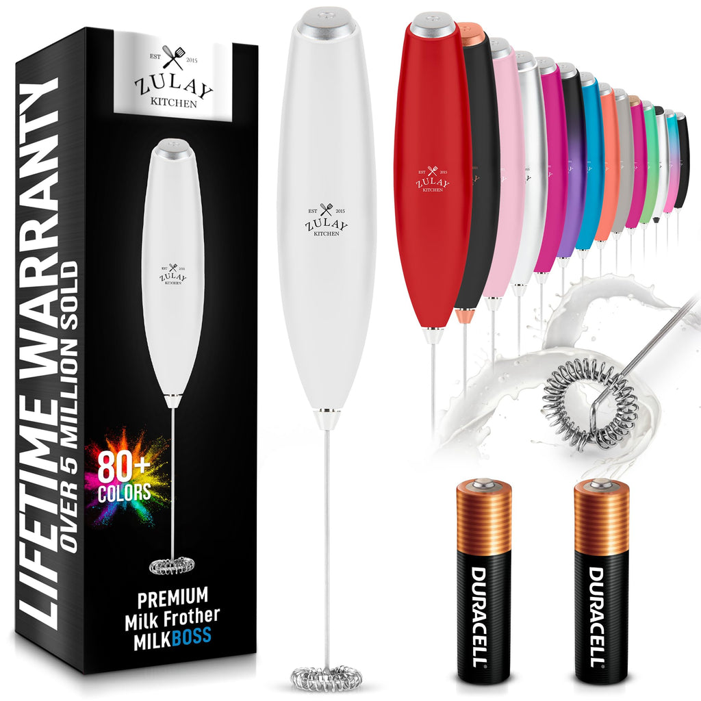 Zulay Kitchen Powerful Milk Frother AA Batteries Included – Ultra Fast Handheld Drink Mixer with Stainless Steel Whisk Stirrer for Coffee, Protein, Matcha & More, Frother Wand Electric Frothmate Black