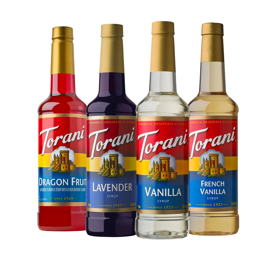 Torani Variety Pack Caramel, French Vanilla, Vanilla & Hazelnut, 25.4 Ounces (Pack of 4)