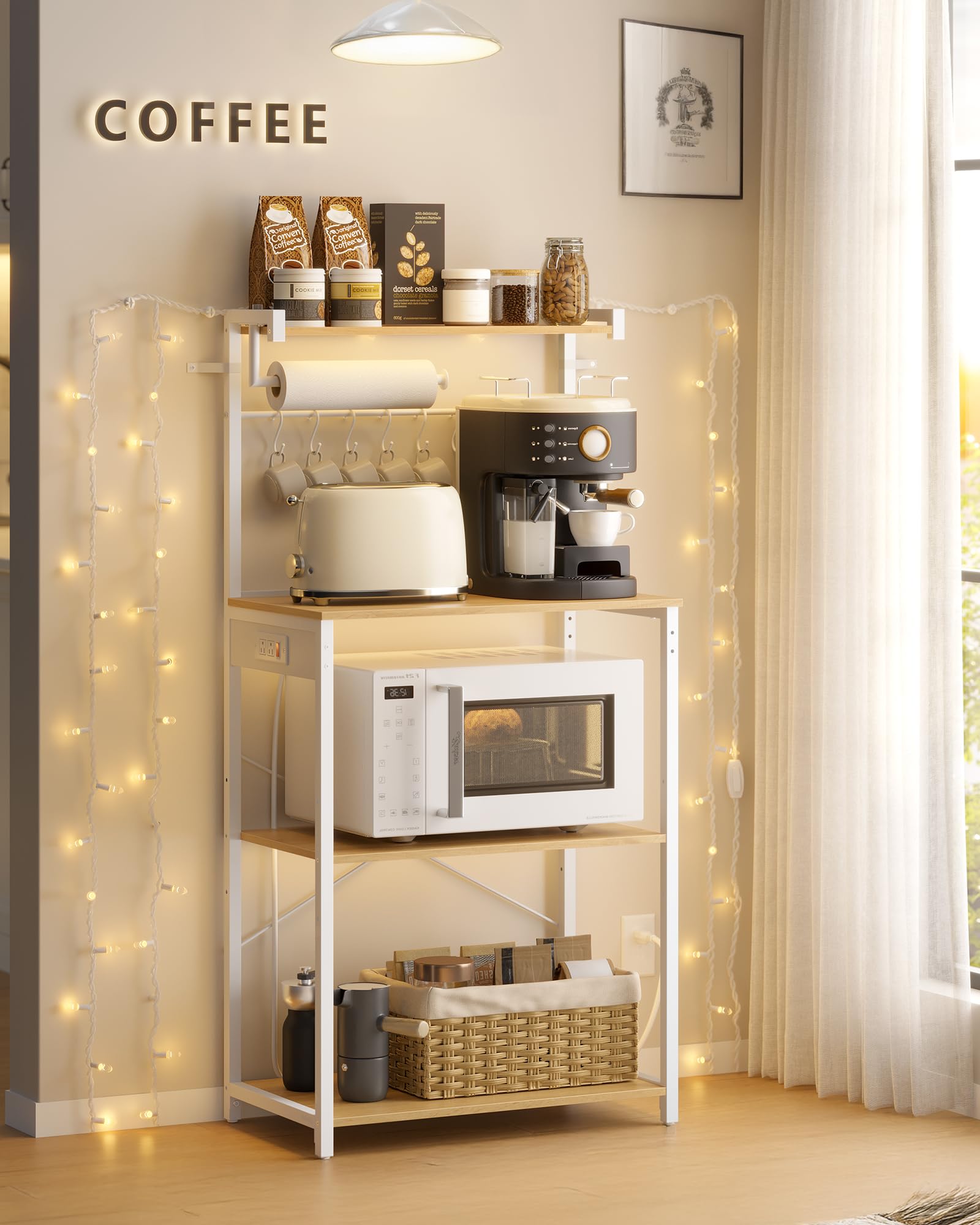VASAGLE BARNET Collection - Kitchen Bakers Rack with Power Outlet, 31.5-Inch Wide Coffee Bar 4-Tier with 8 S Hooks, Modern Microwave Stand, Adjustable Shelf, Rustic Brown and Ink Black UKKS029KD01