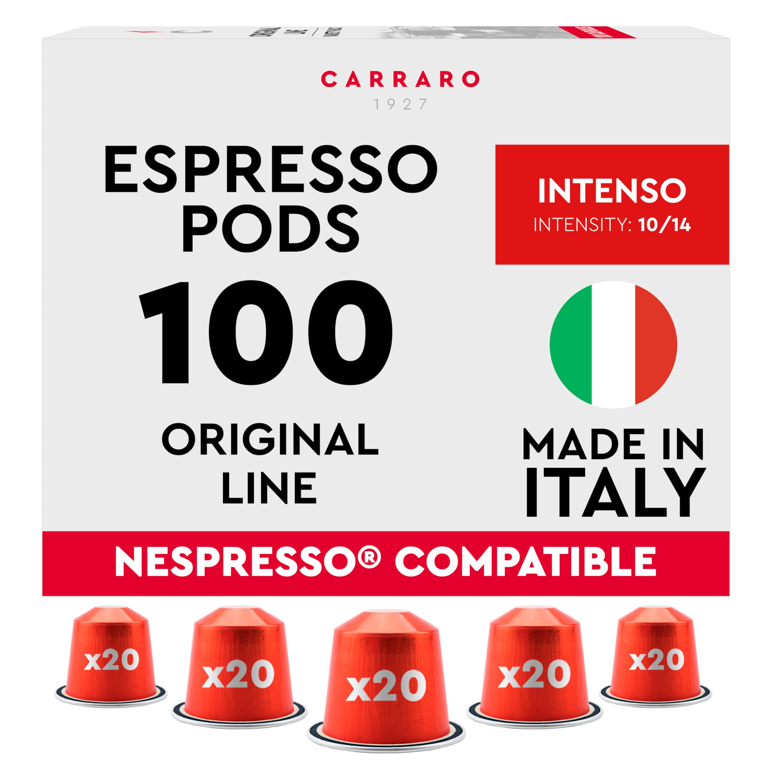 CARRARO Variety Pack - 100 Premium Espresso Pods Compatible with Nespresso Original Machines - Medium & Dark Roast Espresso Aluminum Capsules, 10 Packs - 100 Servings, Made in Italy