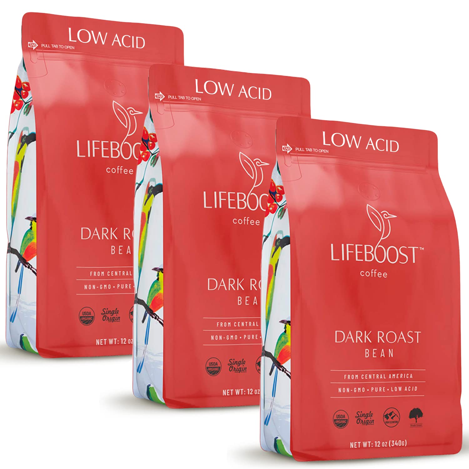 Lifeboost Dark Organic Coffee Beans - Single Origin Non-GMO Dark Roast Low Acid Coffee Beans - Third Party Tested For Mycotoxins & Pesticides - Whole Bean - 12 Ounces