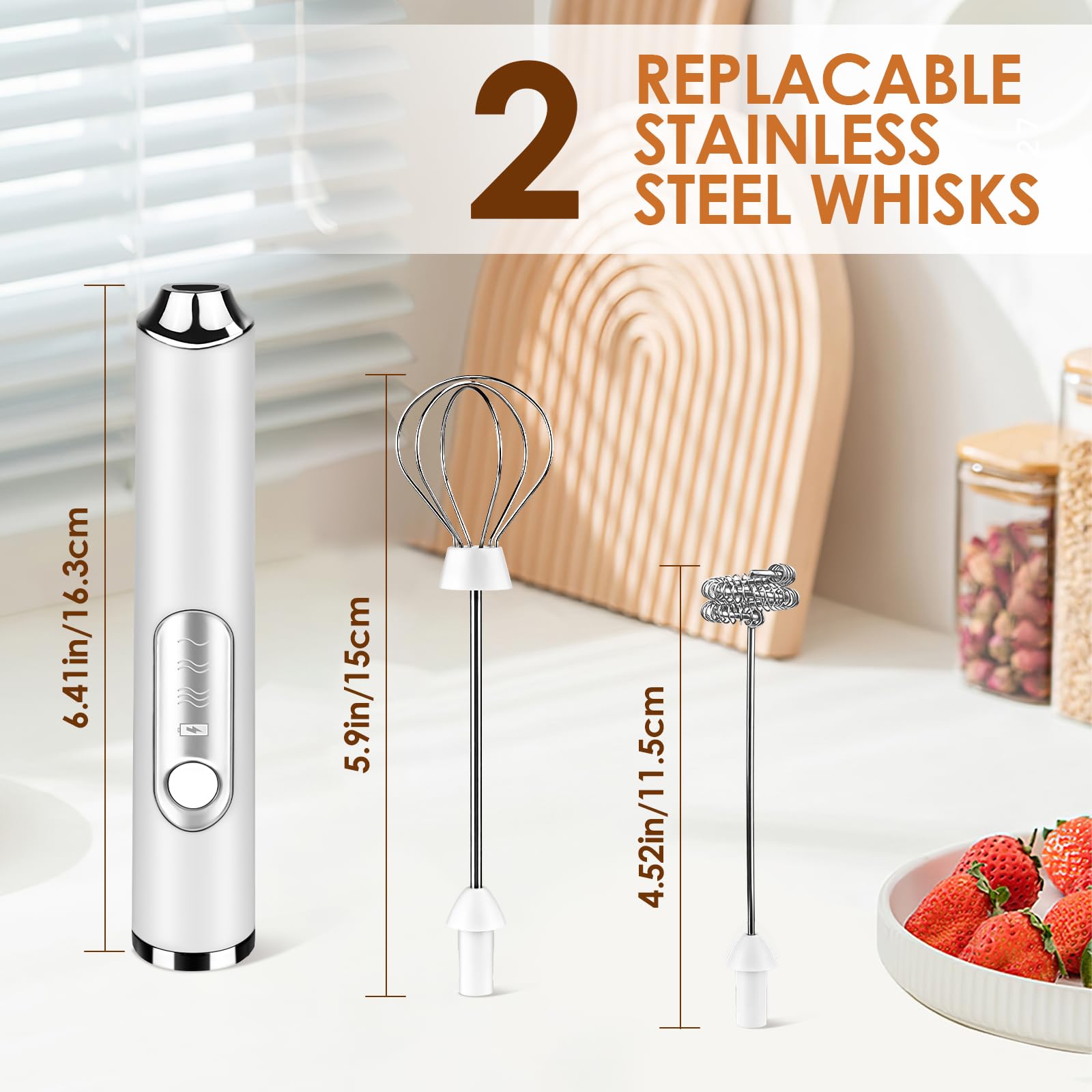 Handheld Milk Frother, rechargeable milk frother with 2 Stainless Steel Whisks 3 Speeds Electric Drink Mixer, Coffee Mixer Wand for Latte, Cappuccino, Matcha, Hot Chocolate, Egg (White)