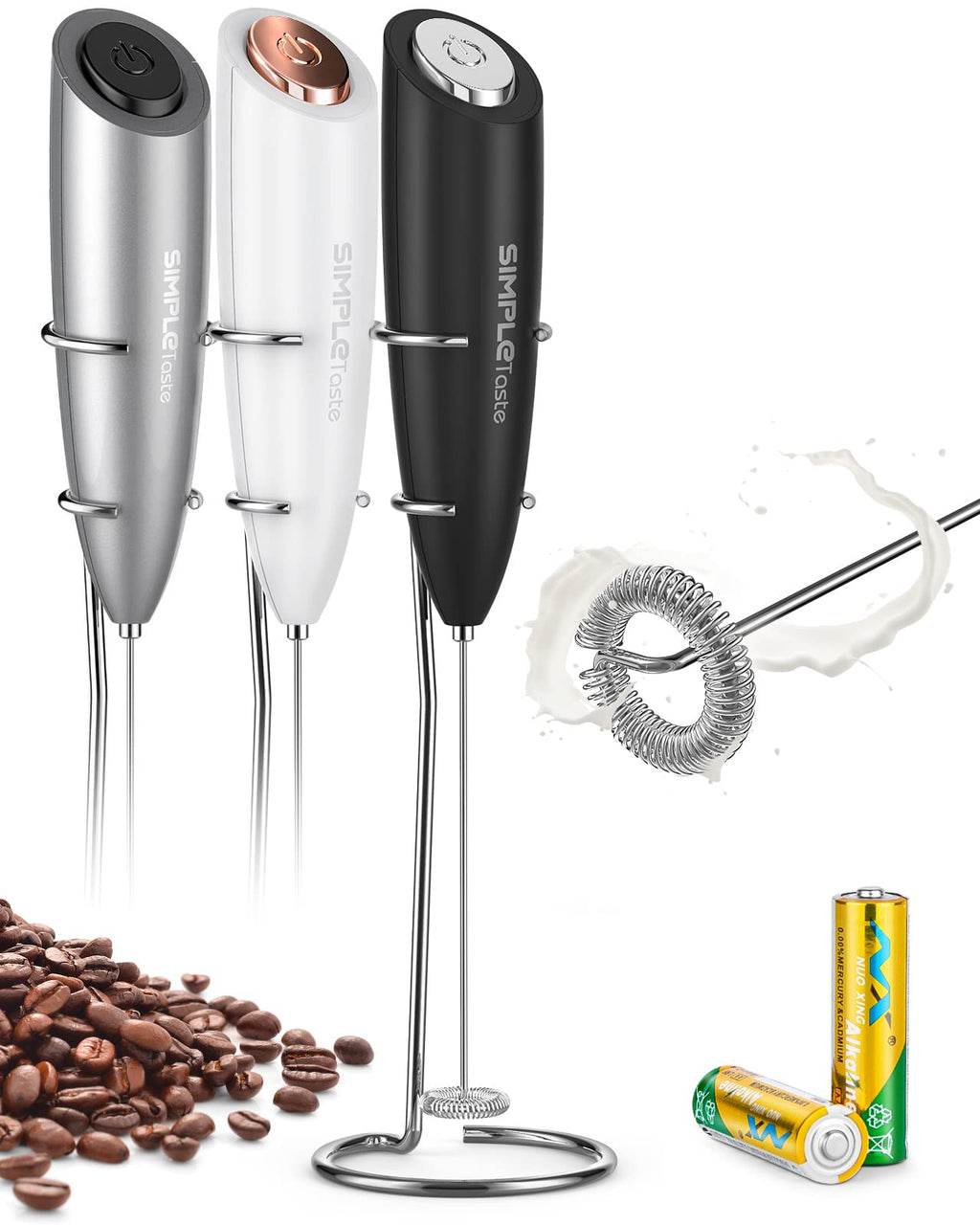 SIMPLETASTE Milk Frother Handheld Electric Foam Maker, Drink Mixer with Stainless Steel Whisk for Cappuccino, Bulletproof Coffee, Latte, Gray, with Stand, Battery Operated