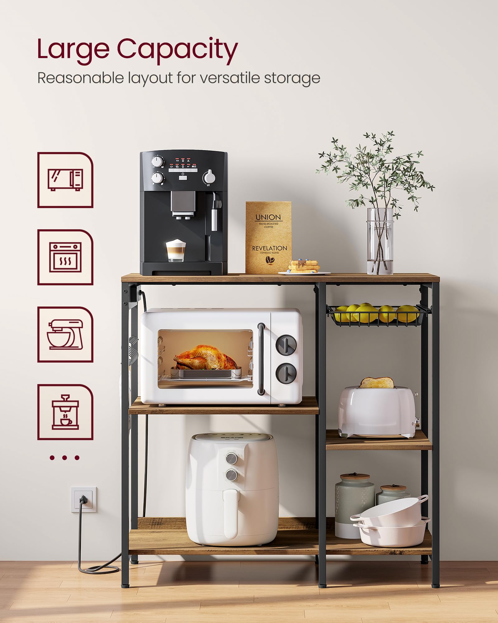 VASAGLE Baker's Rack, Coffee Bar Stand with Charging Station, 35.6 Inches Tall, Storage Shelves, Pull-Out Wire Basket, Table for Microwave, Kitchen, Rustic Brown and Ink Black UKKS036K01