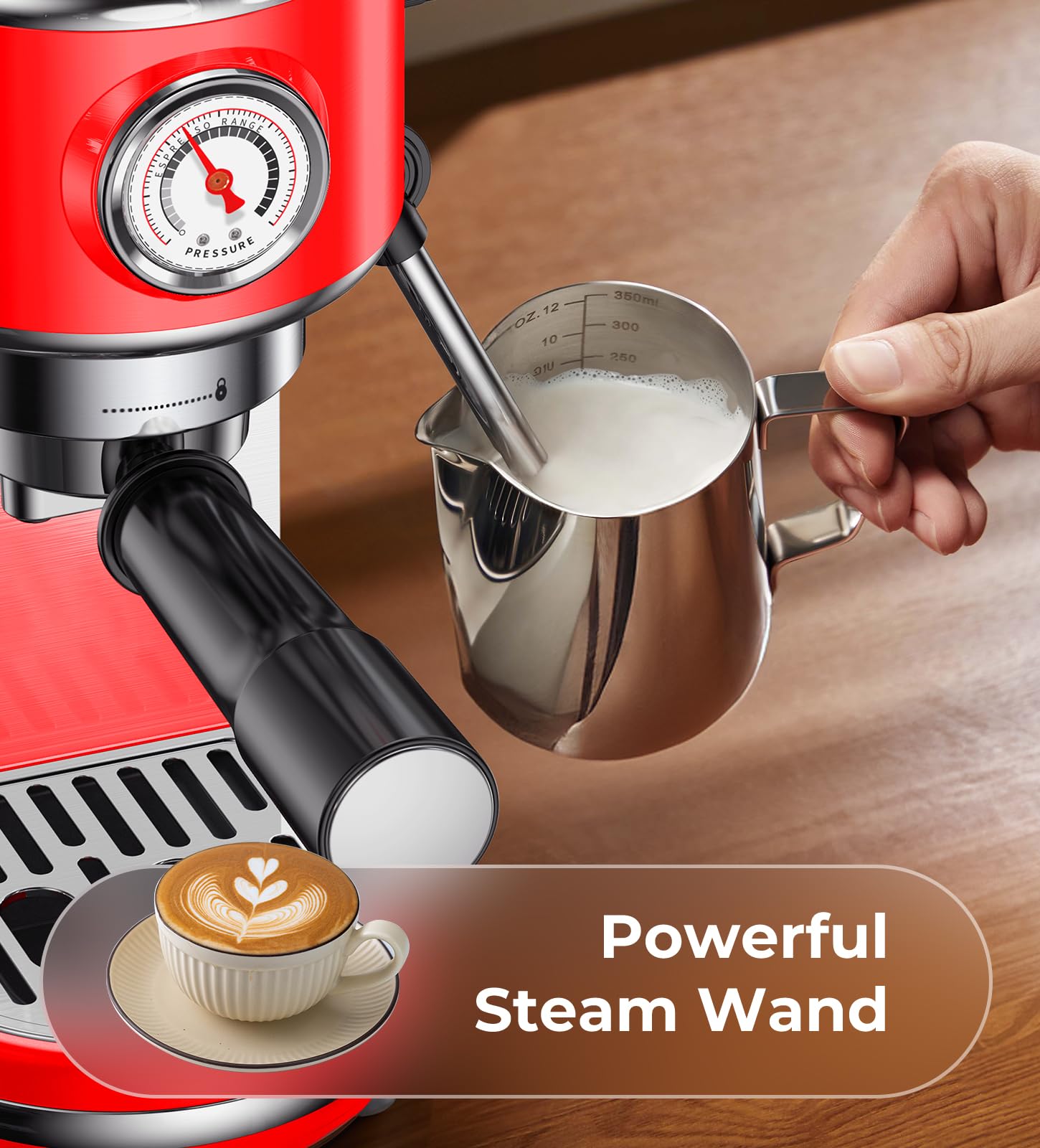 atatix Espresso Machine with Milk Frother, 20 Bar Pressure Espresso Maker, with 44OZ Removable Tank, Compact Stainless Steel Coffee Machine for Home, Office, Latte, Cappuccino, Macchiato, Silver