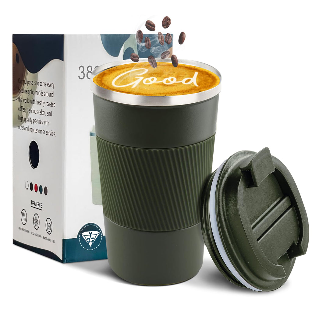 YINBAOGE Insulated Travel Coffee Mug, Spill & Leak Proof, Portable To Go Camping Stainless Steel Coffee Tumbler, Reusable Thermal Coffee Cup with Lid for Hot & Cold Drinks (Black, 12 OZ)