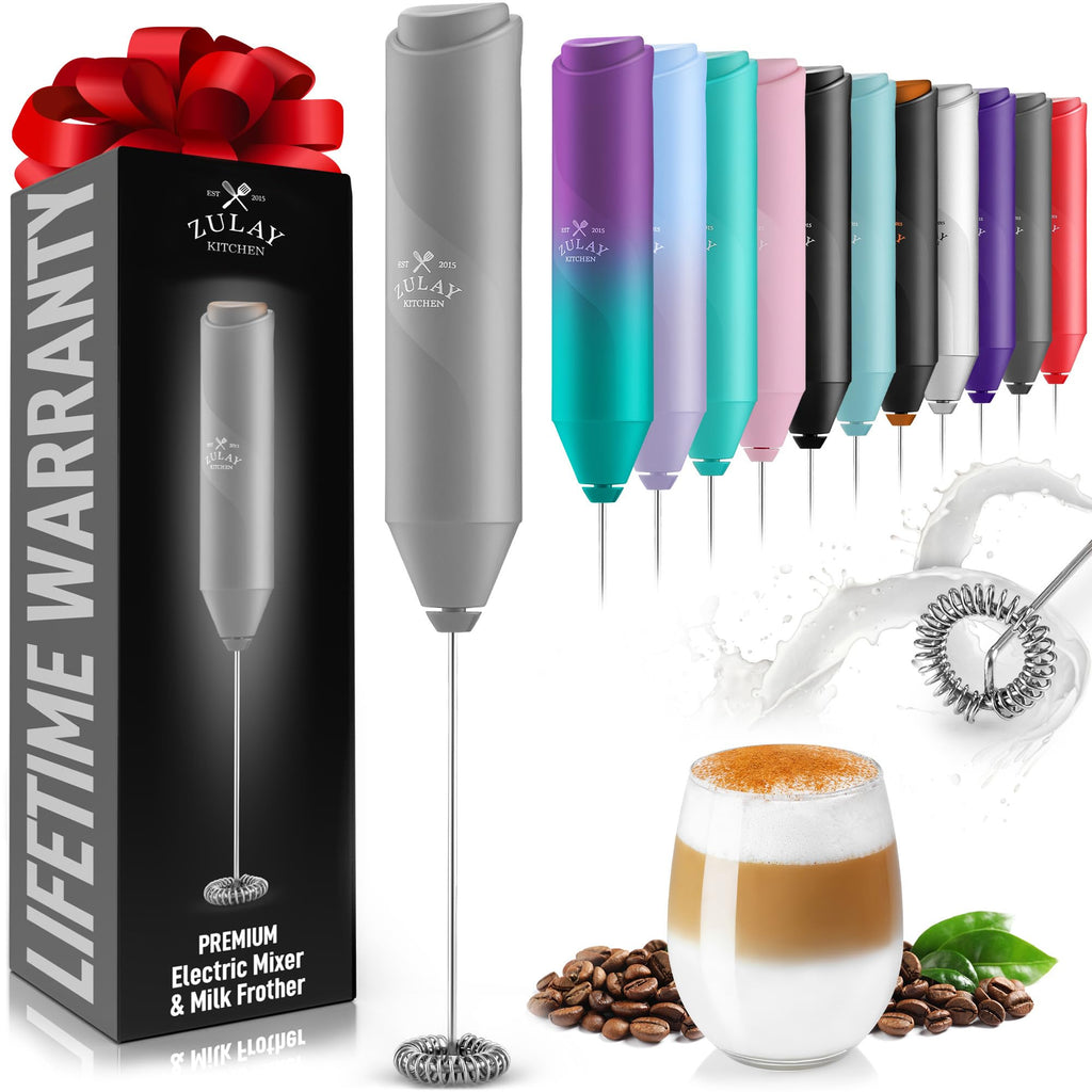 Zulay Kitchen Powerful Milk Frother AA Batteries Included – Ultra Fast Handheld Drink Mixer with Stainless Steel Whisk Stirrer for Coffee, Protein, Matcha & More, Frother Wand Electric Frothmate Black
