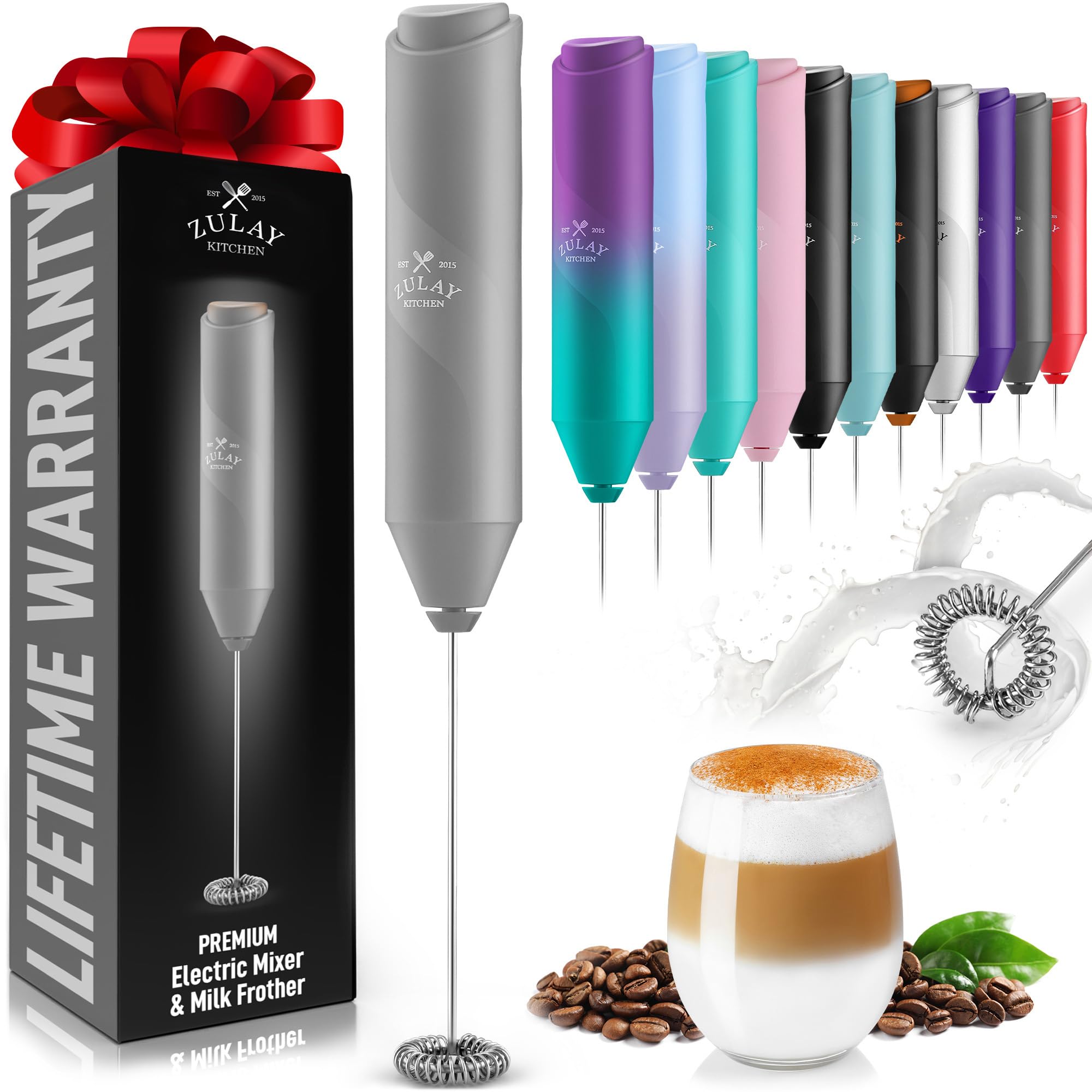 Zulay Kitchen Powerful Milk Frother AA Batteries Included – Ultra Fast Handheld Drink Mixer with Stainless Steel Whisk Stirrer for Coffee, Protein, Matcha & More, Frother Wand Electric Frothmate Black