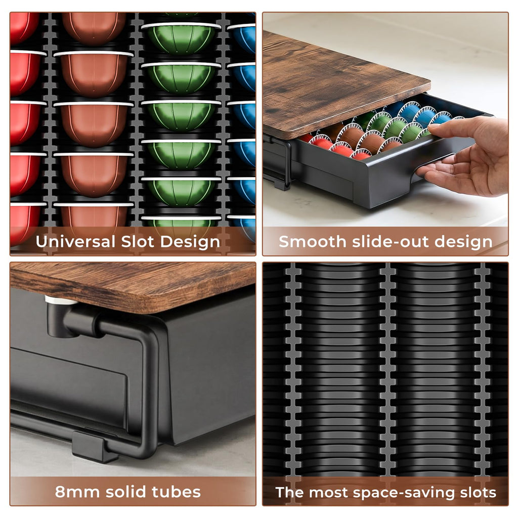 EVERIE Nespresso Vertuo Pod Holder Drawer, Coffee Pod Organizer with Universal Slots, Holds 40 Large or 52 Small Capsules, Tempered Glass Top Storage Drawer for Coffee Makers, 12" x 16.5" x 3.5"