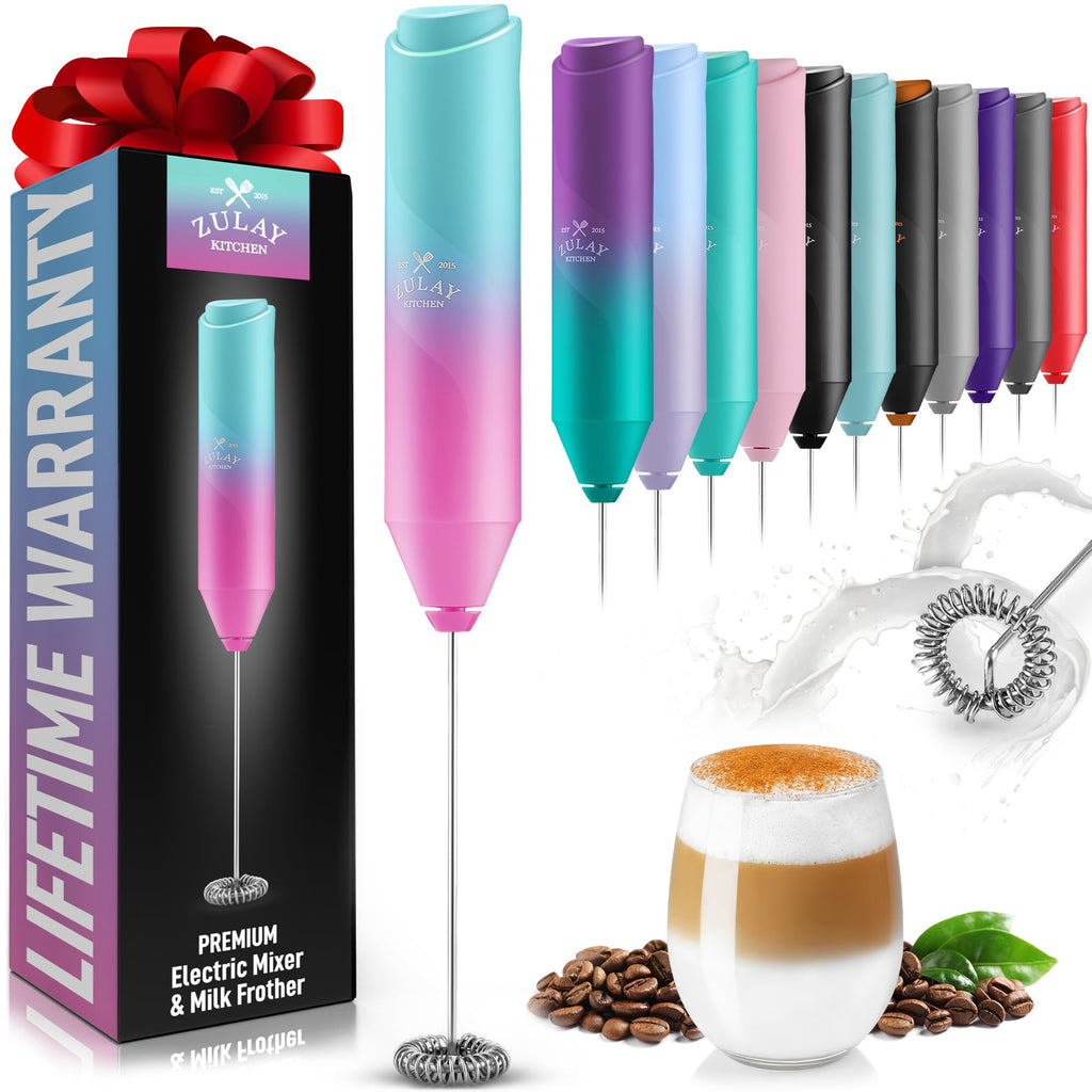 Zulay Kitchen Powerful Milk Frother AA Batteries Included – Ultra Fast Handheld Drink Mixer with Stainless Steel Whisk Stirrer for Coffee, Protein, Matcha & More, Frother Wand Electric Frothmate Black