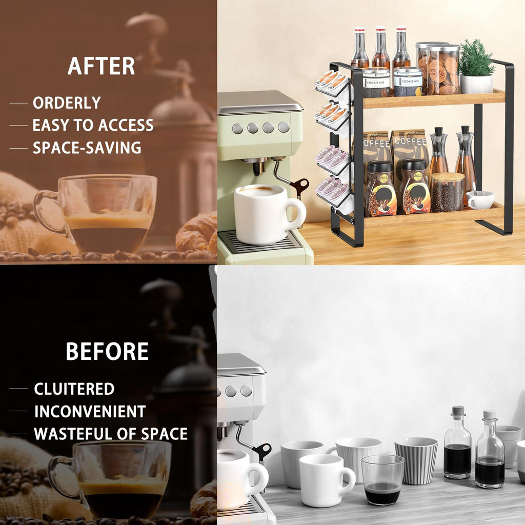 LEMIKKLE Coffee Station Organizer with Pod Holder and Drawer, Kitchen Countertop Organizer, Coffee Bar Accessories Station with Coffee Pod Storage, 2-Tier Wood Coffee Organizer With 6 Hooks