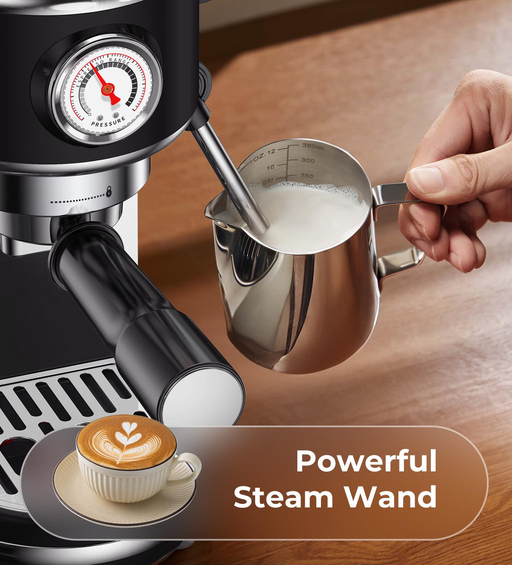 atatix Espresso Machine with Milk Frother, 20 Bar Pressure Espresso Maker, with 44OZ Removable Tank, Compact Stainless Steel Coffee Machine for Home, Office, Latte, Cappuccino, Macchiato, Silver