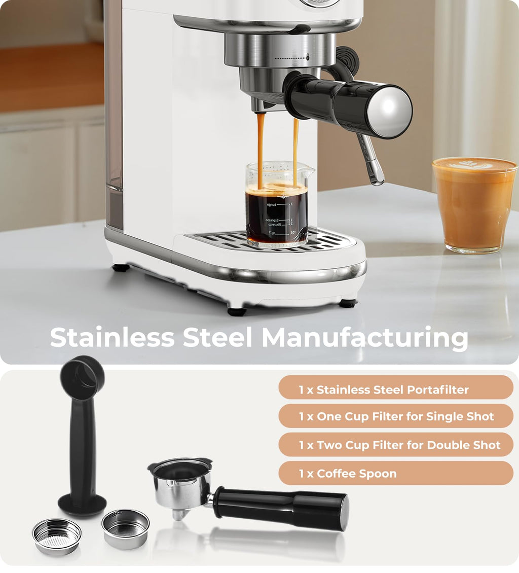 atatix Espresso Machine with Milk Frother, 20 Bar Pressure Espresso Maker, with 44OZ Removable Tank, Compact Stainless Steel Coffee Machine for Home, Office, Latte, Cappuccino, Macchiato, Silver