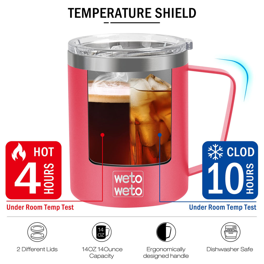 WETOWETO Coffee Mug with Handle, 14oz Insulated Stainless Steel Coffee Travel Mug, Double Wall Vacuum Reusable Coffee Cup with Lid, Powder Coated Rose Gold
