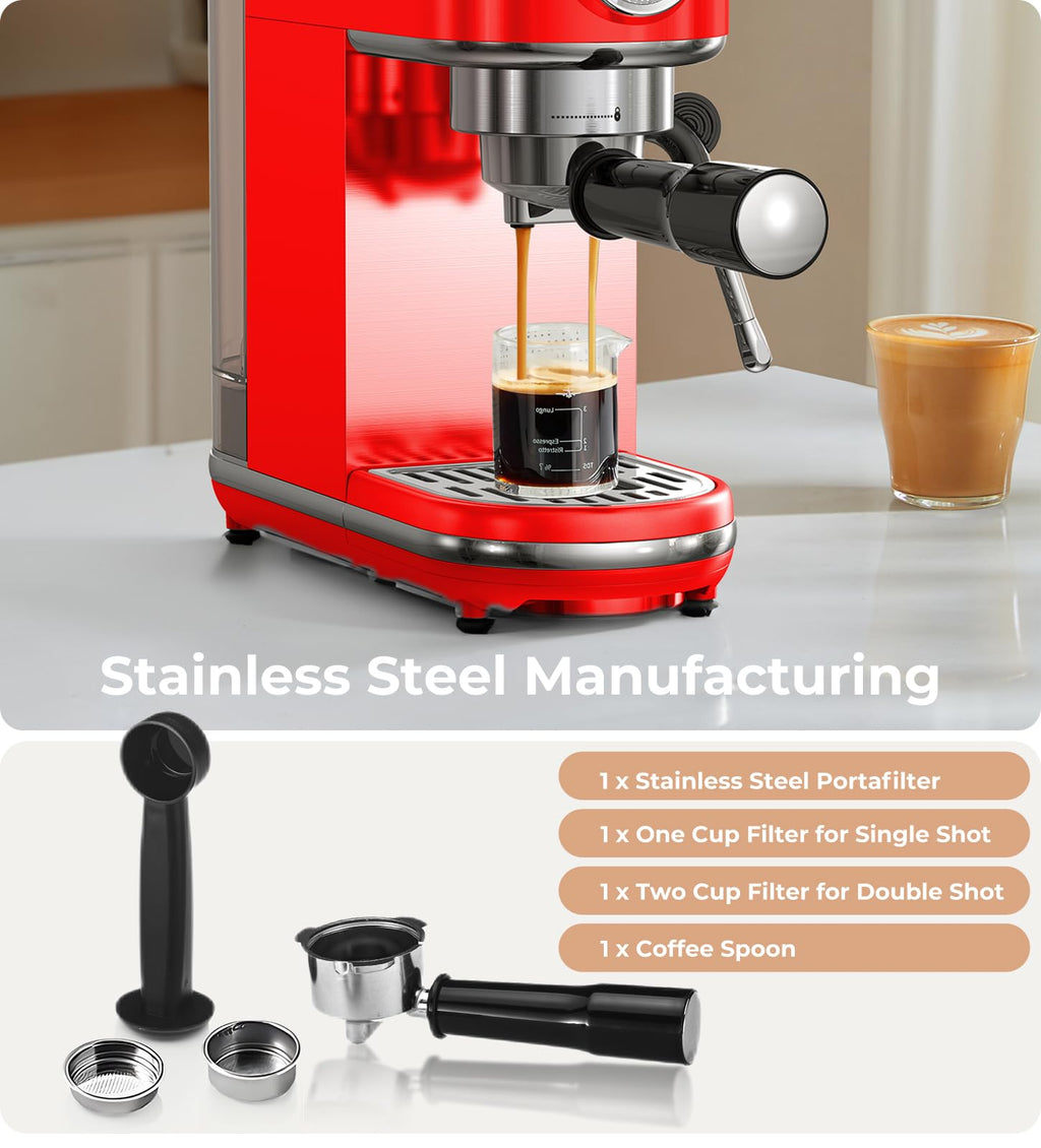atatix Espresso Machine with Milk Frother, 20 Bar Pressure Espresso Maker, with 44OZ Removable Tank, Compact Stainless Steel Coffee Machine for Home, Office, Latte, Cappuccino, Macchiato, Silver