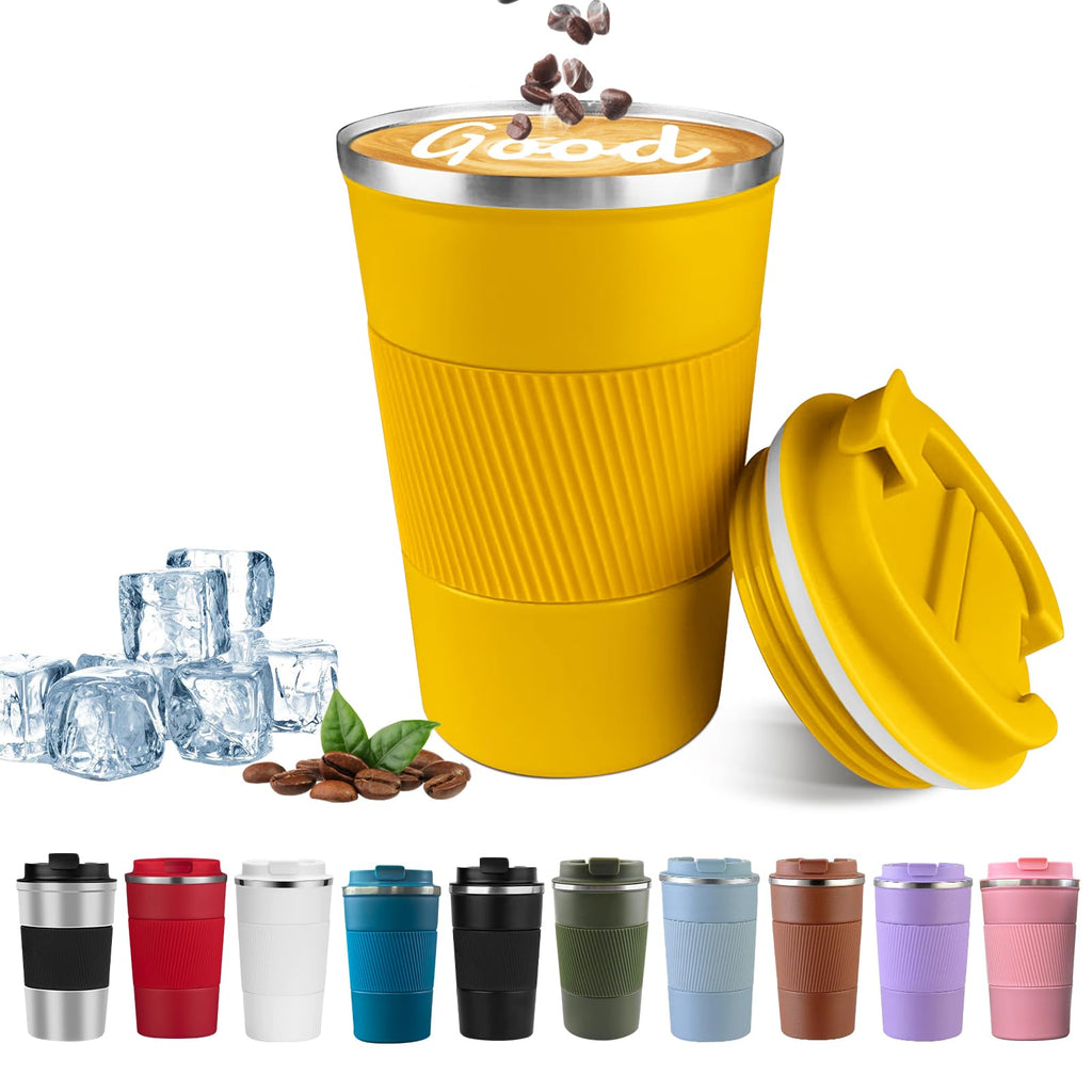 YINBAOGE Insulated Travel Coffee Mug, Spill & Leak Proof, Portable To Go Camping Stainless Steel Coffee Tumbler, Reusable Thermal Coffee Cup with Lid for Hot & Cold Drinks (Black, 12 OZ)