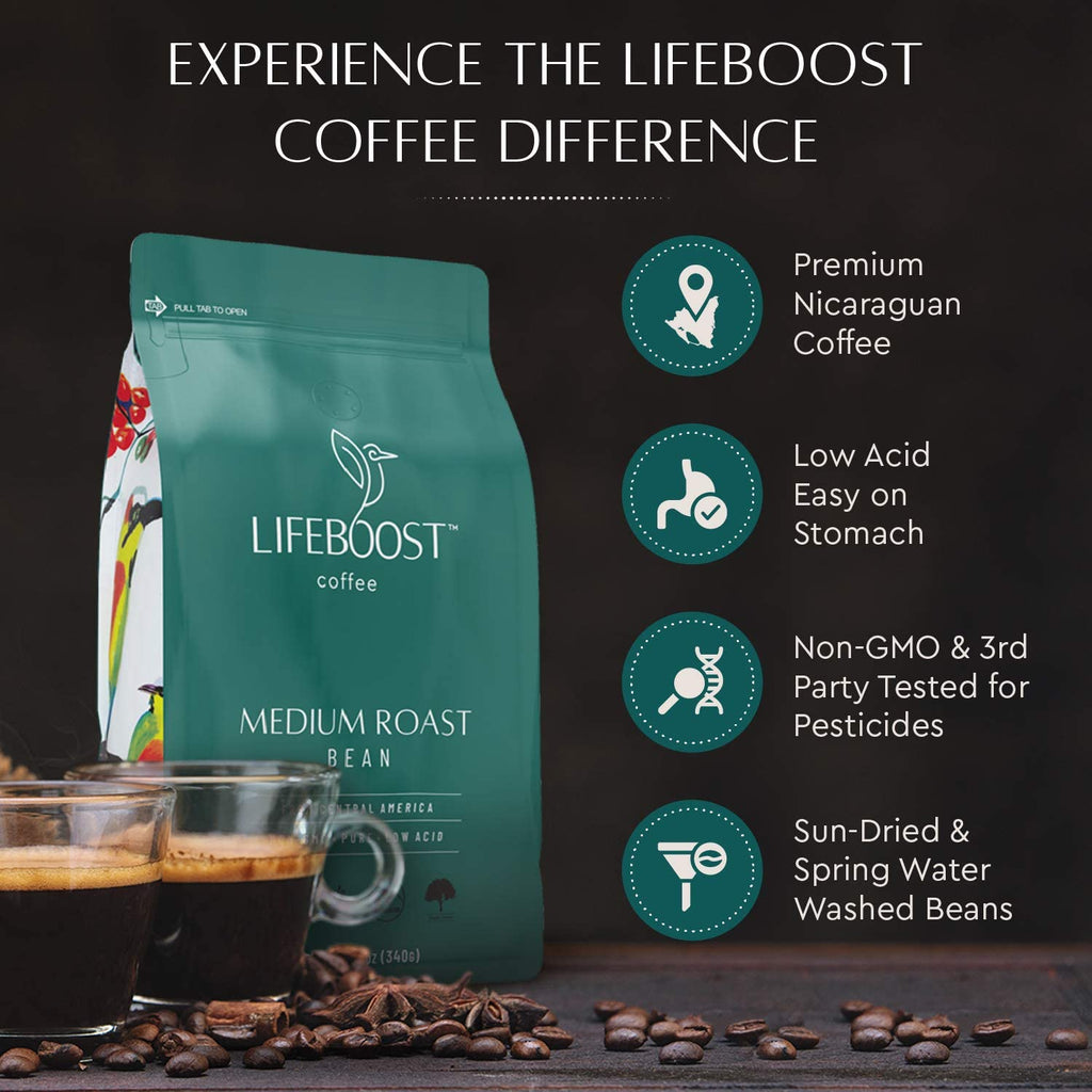 Lifeboost Dark Organic Coffee Beans - Single Origin Non-GMO Dark Roast Low Acid Coffee Beans - Third Party Tested For Mycotoxins & Pesticides - Whole Bean - 12 Ounces