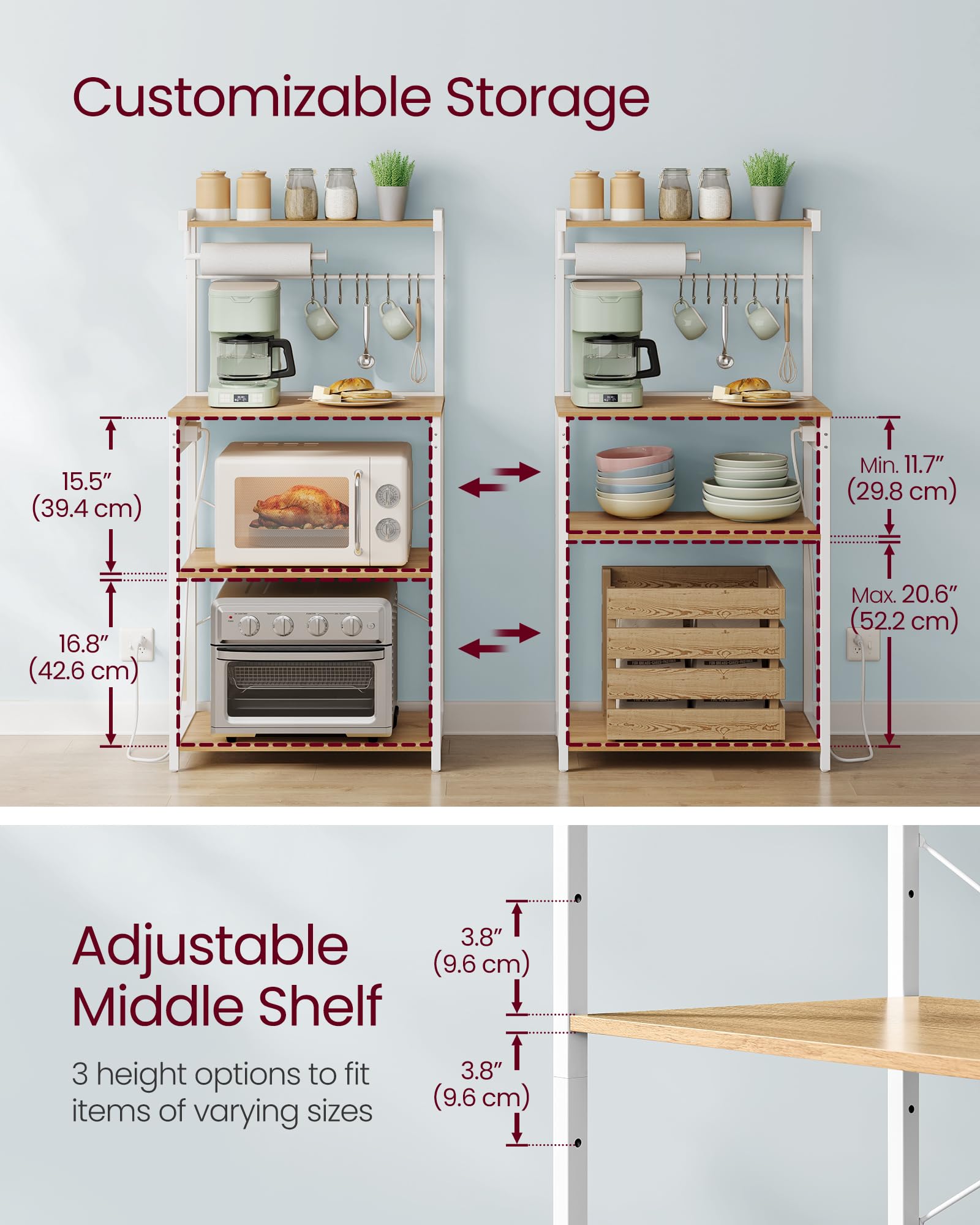 VASAGLE BARNET Collection - Kitchen Bakers Rack with Power Outlet, 31.5-Inch Wide Coffee Bar 4-Tier with 8 S Hooks, Modern Microwave Stand, Adjustable Shelf, Rustic Brown and Ink Black UKKS029KD01