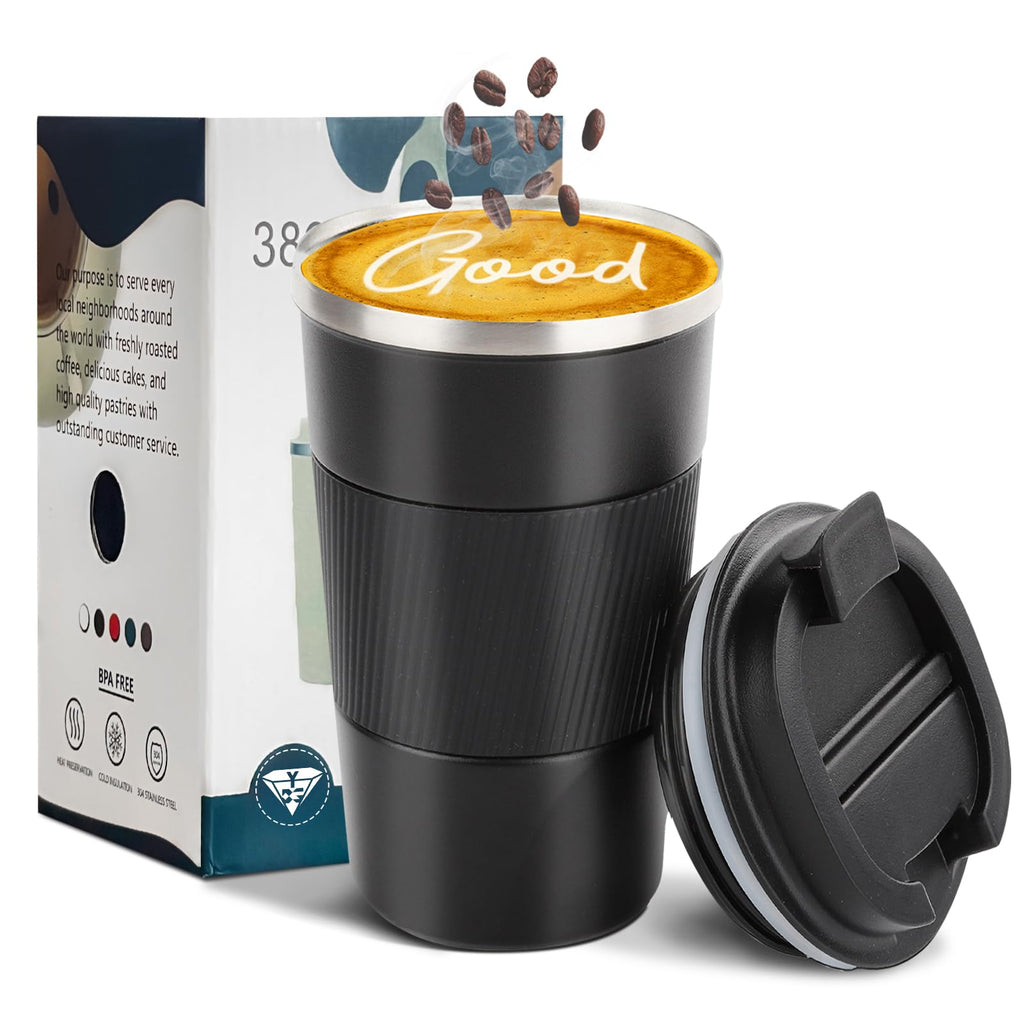 YINBAOGE Insulated Travel Coffee Mug, Spill & Leak Proof, Portable To Go Camping Stainless Steel Coffee Tumbler, Reusable Thermal Coffee Cup with Lid for Hot & Cold Drinks (Black, 12 OZ)