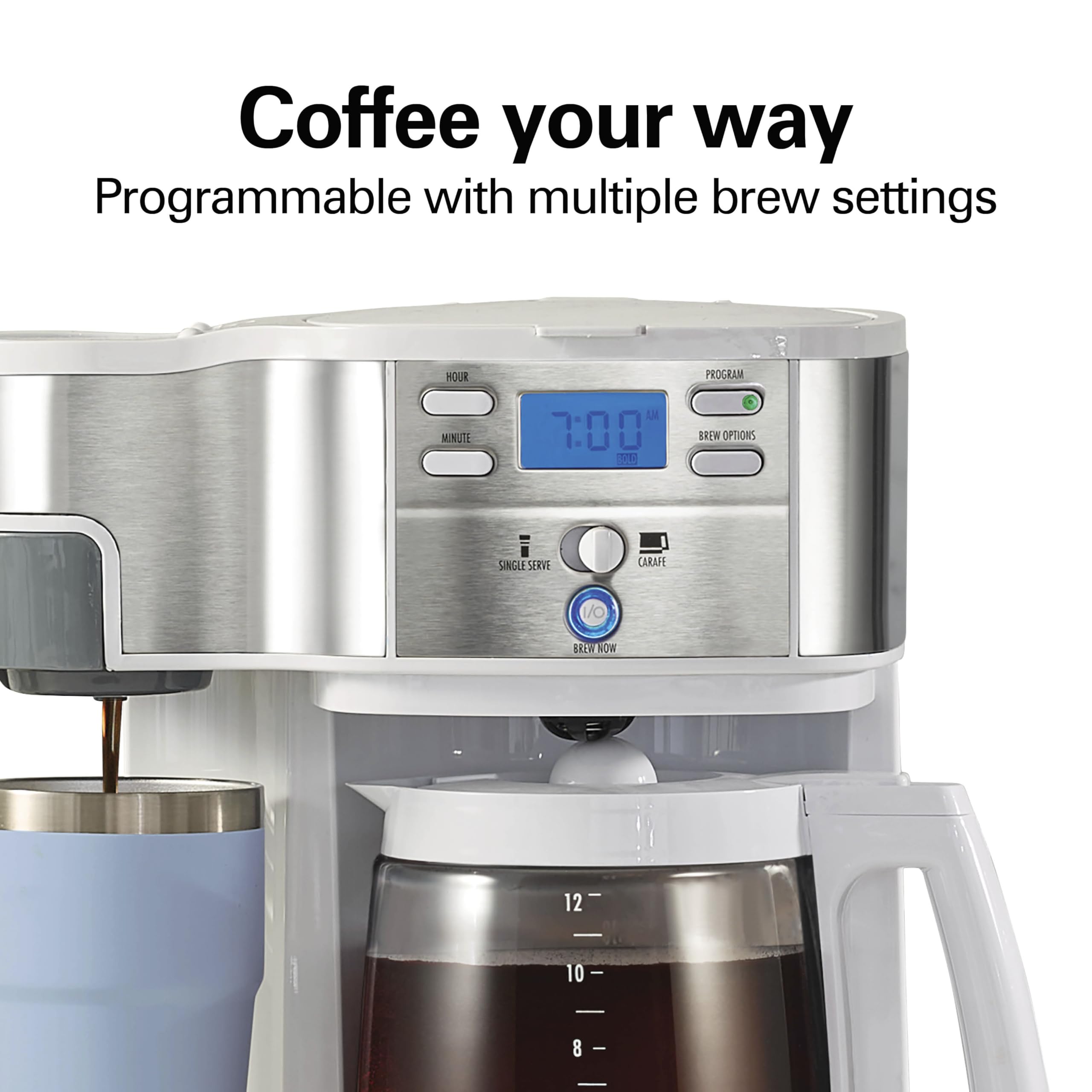 Hamilton Beach 2-Way Programmable Coffee Maker, 12 Cup Glass Carafe And Single Serve Coffee Maker, Black with Stainless Steel Accents, 49980RG