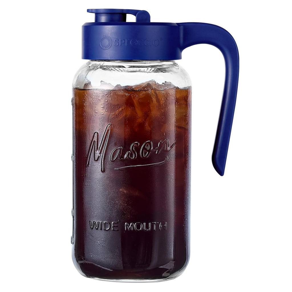 Mason Jar Pitcher - Airtight & Leakproof Glass Pitcher with Lid, Perfect for Breastmilk, Cold Brew, and Sun Tea, 2 Quart (64 oz) Mason Jar with Pour Spout Lid