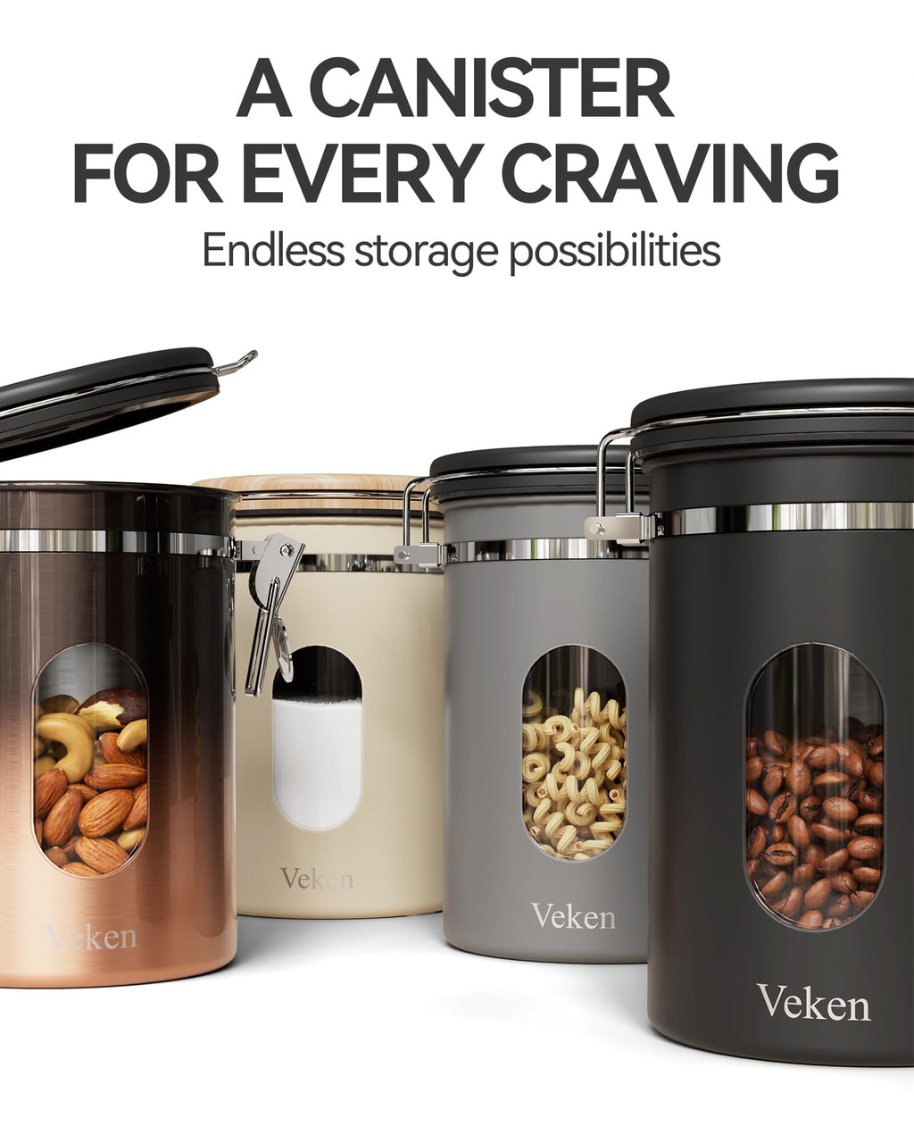 Veken Coffee Canister with Window,Airtight Stainless Steel Pantry Container,Home Kitchen Food Storage Organizers for Ground,Beans,Espresso,Rice,Tea,Sugar,Cereal, Decor,Bar Accessories,Gifts,22OZ,Black