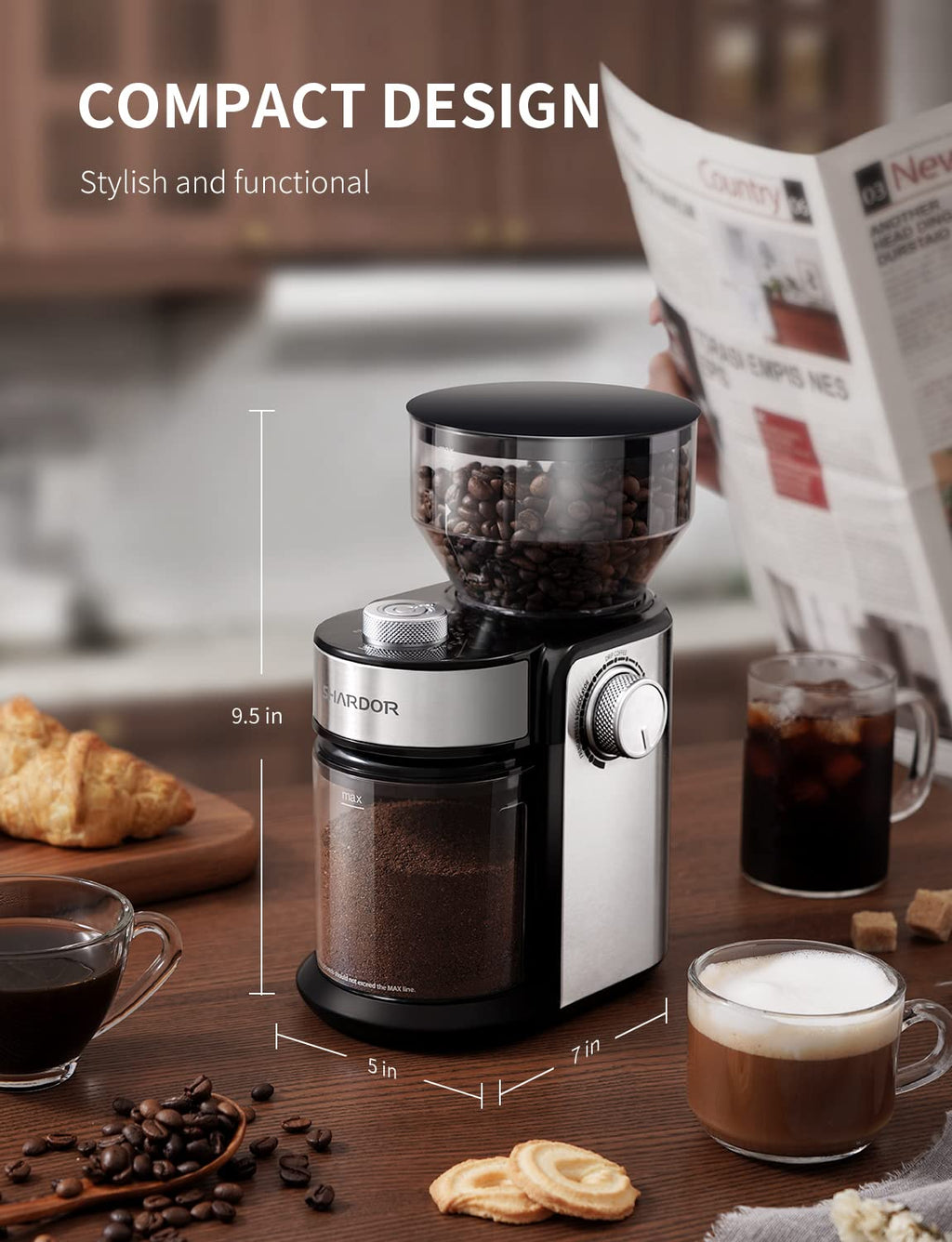 SHARDOR Electric Burr Coffee Grinder 2.0, Automatic Coffee Bean Grinder for Home Use, Adjustable Burr Mill with 16 Precise Settings for Espresso & French Press, Glossy Black