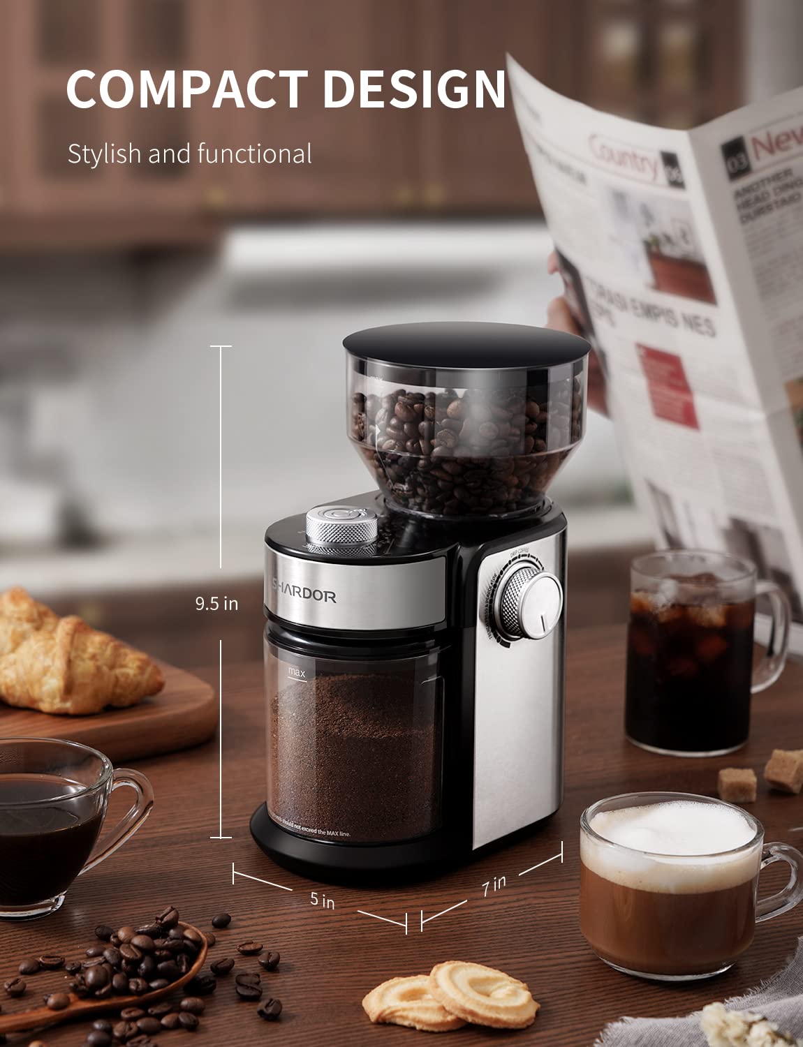 SHARDOR Electric Burr Coffee Grinder 2.0, Automatic Coffee Bean Grinder for Home Use, Adjustable Burr Mill with 16 Precise Settings for Espresso & French Press, Glossy Black