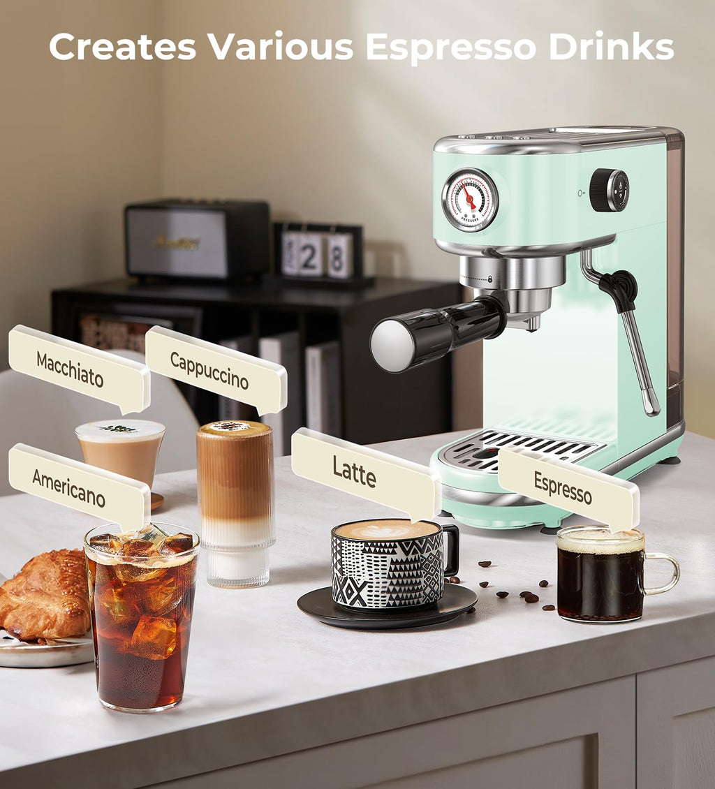 atatix Espresso Machine with Milk Frother, 20 Bar Pressure Espresso Maker, with 44OZ Removable Tank, Compact Stainless Steel Coffee Machine for Home, Office, Latte, Cappuccino, Macchiato, Silver