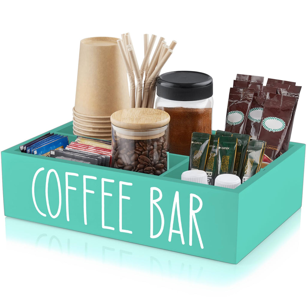 ALELION Coffee Station Organizer - Wood Countertop Accessories Organizer with Removable Dividers for Pods Condiment Syrup Tea Cups Stirrers - for Farmhouse Coffee Bar Decor
