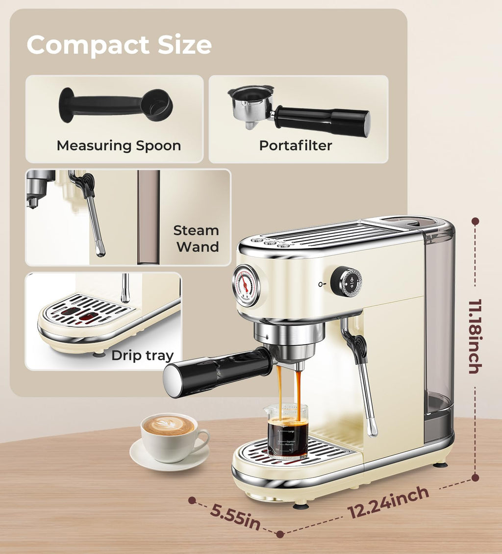 atatix Espresso Machine with Milk Frother, 20 Bar Pressure Espresso Maker, with 44OZ Removable Tank, Compact Stainless Steel Coffee Machine for Home, Office, Latte, Cappuccino, Macchiato, Silver