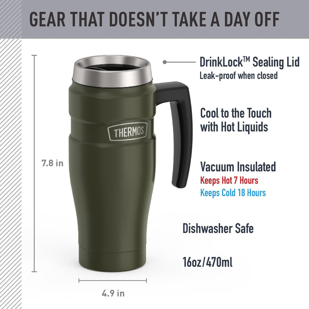 THERMOS Stainless King Vacuum-Insulated Travel Mug with Handle - 16oz, Midnight Blue - Thermos Tumbler for Hot & Cold Drinks - Leak & Sweat-Proof Stainless Steel Coffee Mug with Lid for Commuting