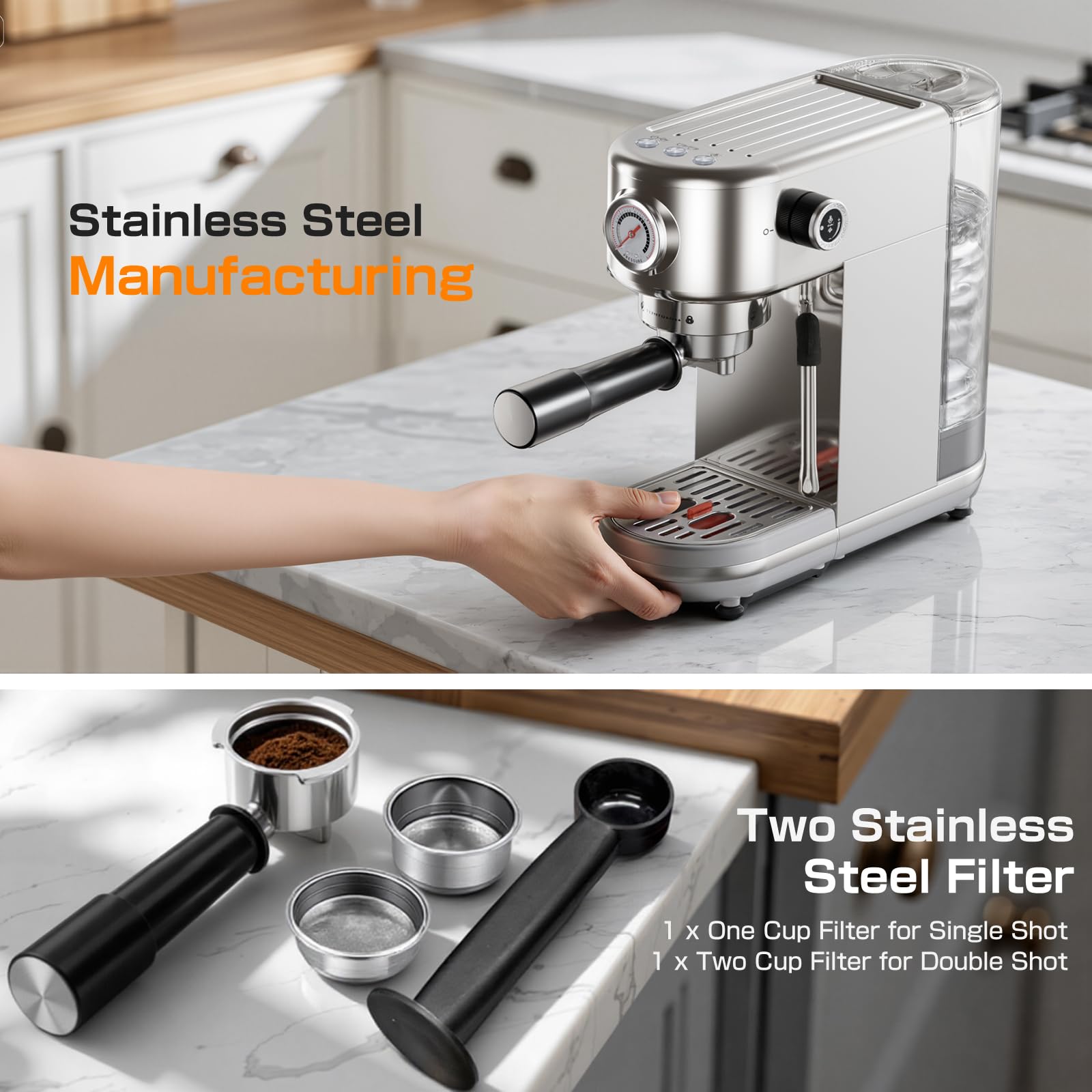 atatix Espresso Machine with Milk Frother, 20 Bar Pressure Espresso Maker, with 44OZ Removable Tank, Compact Stainless Steel Coffee Machine for Home, Office, Latte, Cappuccino, Macchiato, Silver