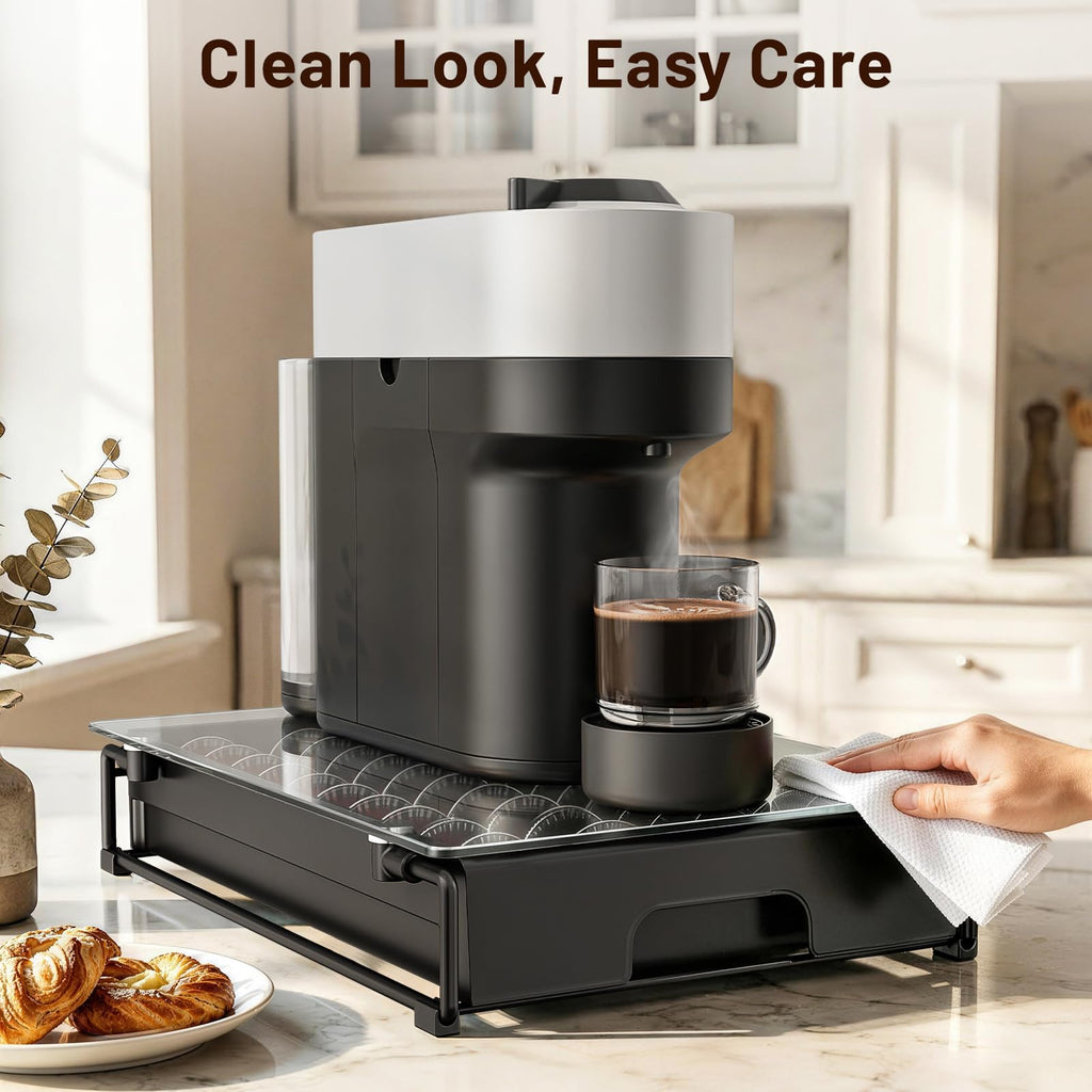 EVERIE Nespresso Vertuo Pod Holder Drawer, Coffee Pod Organizer with Universal Slots, Holds 40 Large or 52 Small Capsules, Tempered Glass Top Storage Drawer for Coffee Makers, 12" x 16.5" x 3.5"