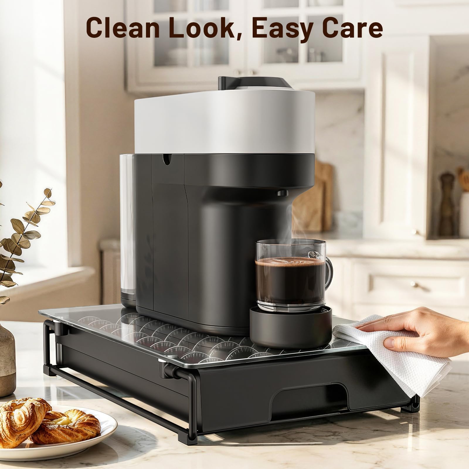 EVERIE Nespresso Vertuo Pod Holder Drawer, Coffee Pod Organizer with Universal Slots, Holds 40 Large or 52 Small Capsules, Tempered Glass Top Storage Drawer for Coffee Makers, 12" x 16.5" x 3.5"