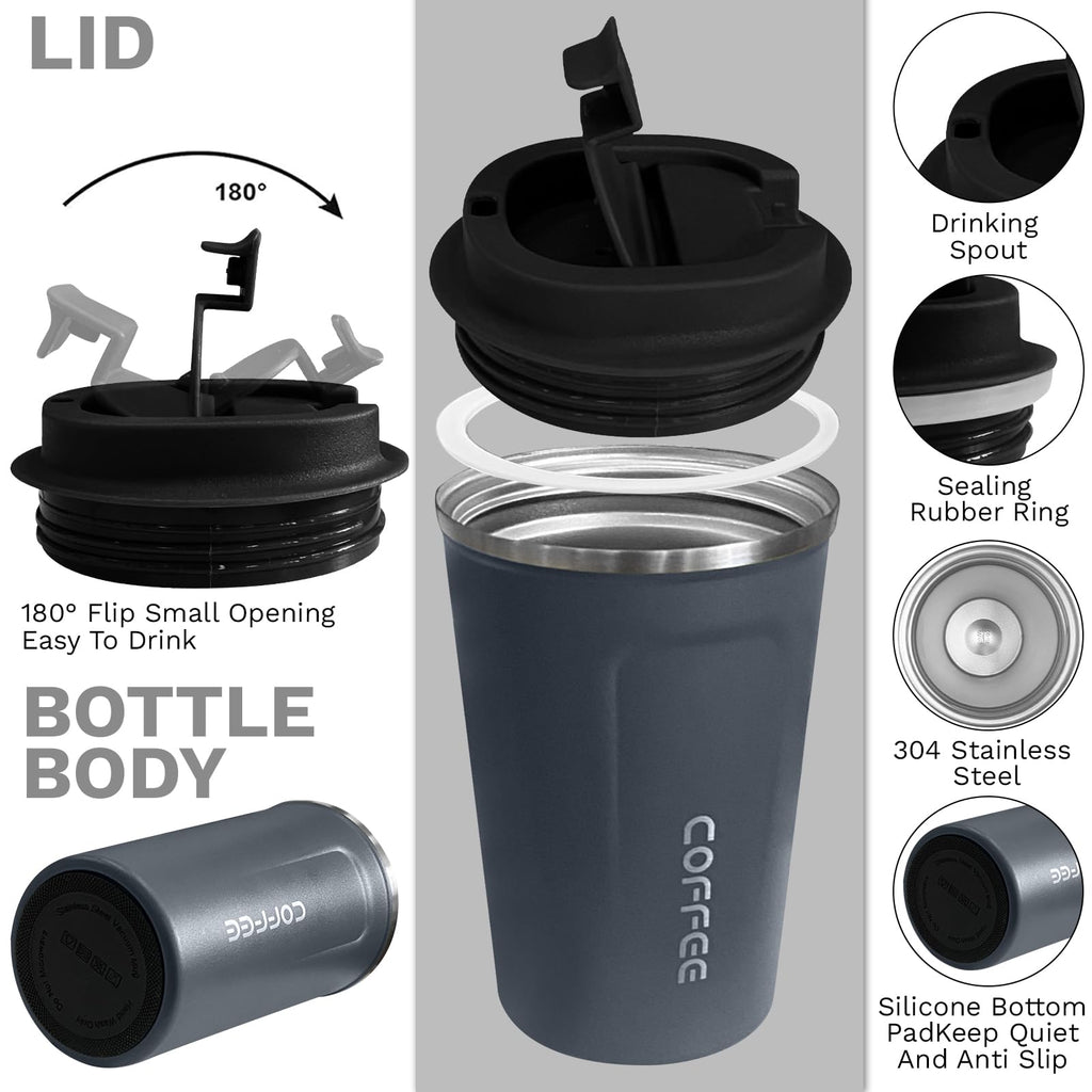 YINBAOGE Insulated Travel Coffee Mug, Spill & Leak Proof, Portable To Go Camping Stainless Steel Coffee Tumbler, Reusable Thermal Coffee Cup with Lid for Hot & Cold Drinks (Black, 12 OZ)