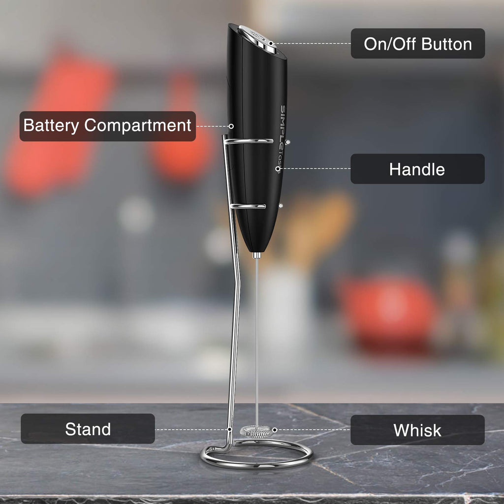 SIMPLETASTE Milk Frother Handheld Electric Foam Maker, Drink Mixer with Stainless Steel Whisk for Cappuccino, Bulletproof Coffee, Latte, Gray, with Stand, Battery Operated