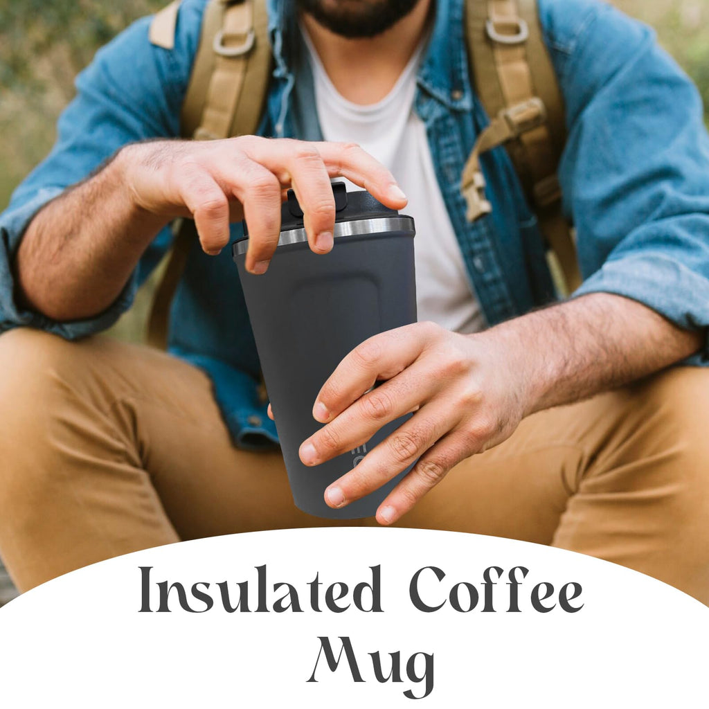 YINBAOGE Insulated Travel Coffee Mug, Spill & Leak Proof, Portable To Go Camping Stainless Steel Coffee Tumbler, Reusable Thermal Coffee Cup with Lid for Hot & Cold Drinks (Black, 12 OZ)
