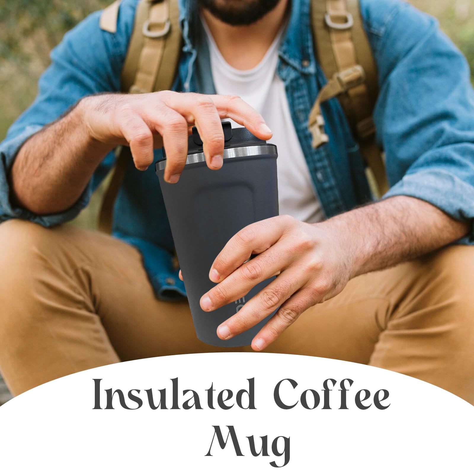 YINBAOGE Insulated Travel Coffee Mug, Spill & Leak Proof, Portable To Go Camping Stainless Steel Coffee Tumbler, Reusable Thermal Coffee Cup with Lid for Hot & Cold Drinks (Black, 12 OZ)