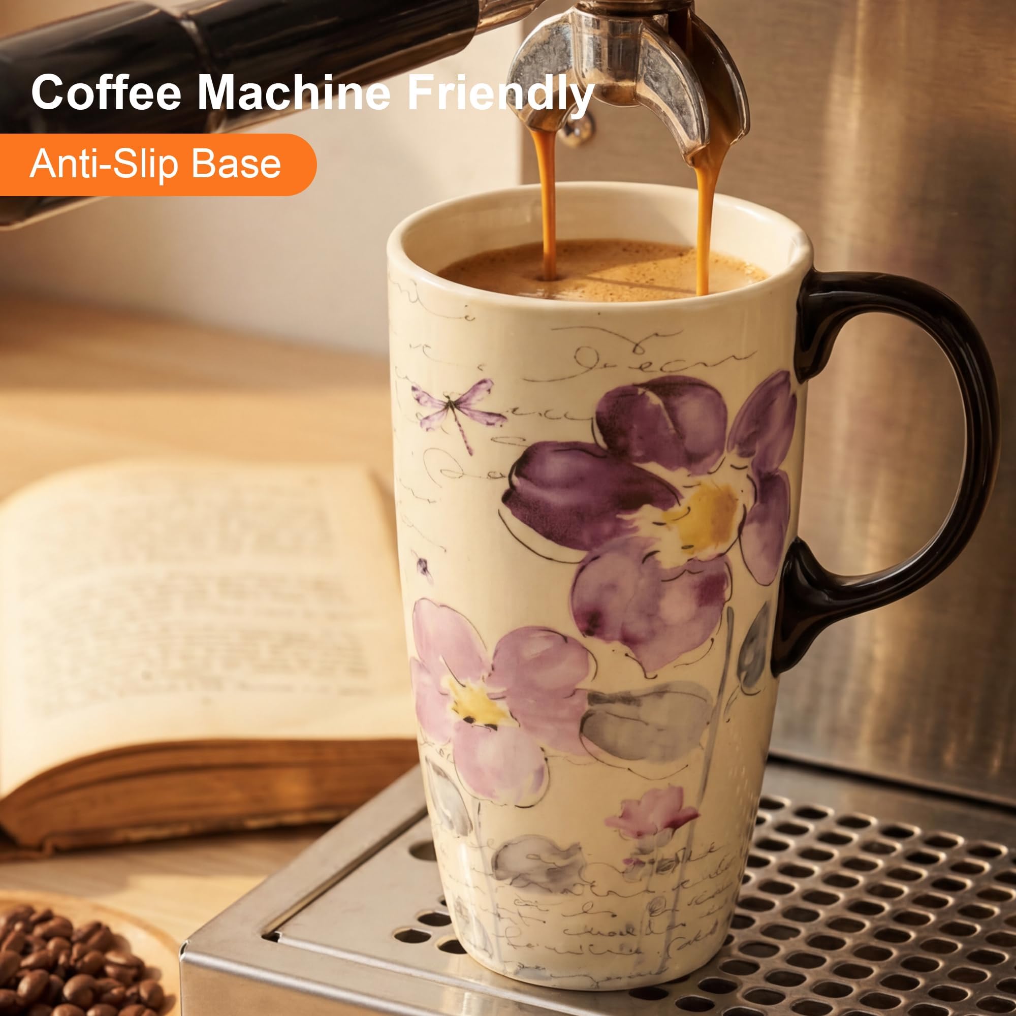Topadorn 17oz Ceramic Travel Mug with Lid, Tall Ceramic Coffee Mug with Handle, Purple Floral Coffee Cup with Gift Box