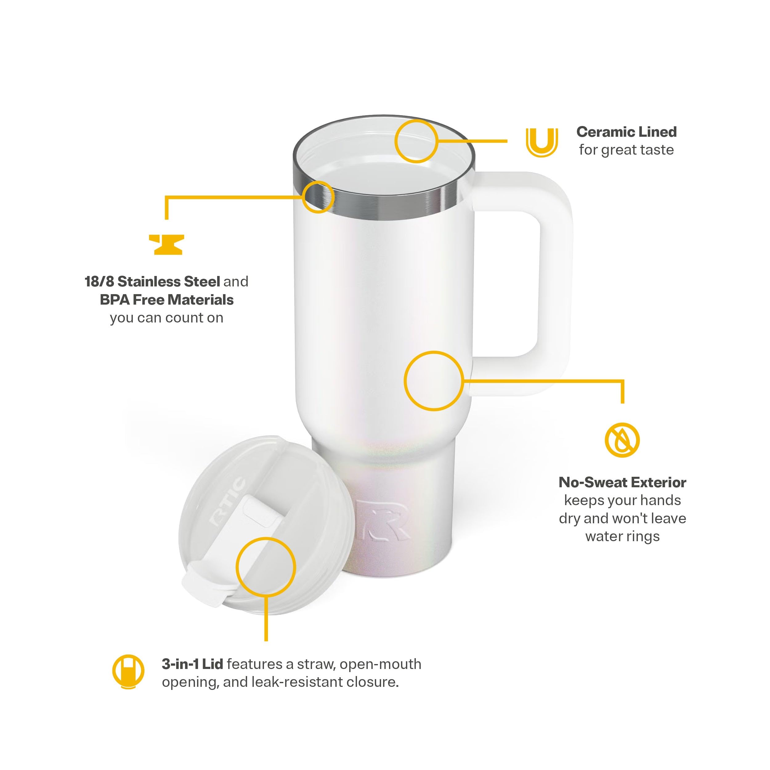 RTIC 40 oz Road Trip Tumbler Double-Walled Cermaic Lined Insulated Stainless Steel Portable Travel Coffee Mug Cup with Lid, Handle and Straw, Trailblazer