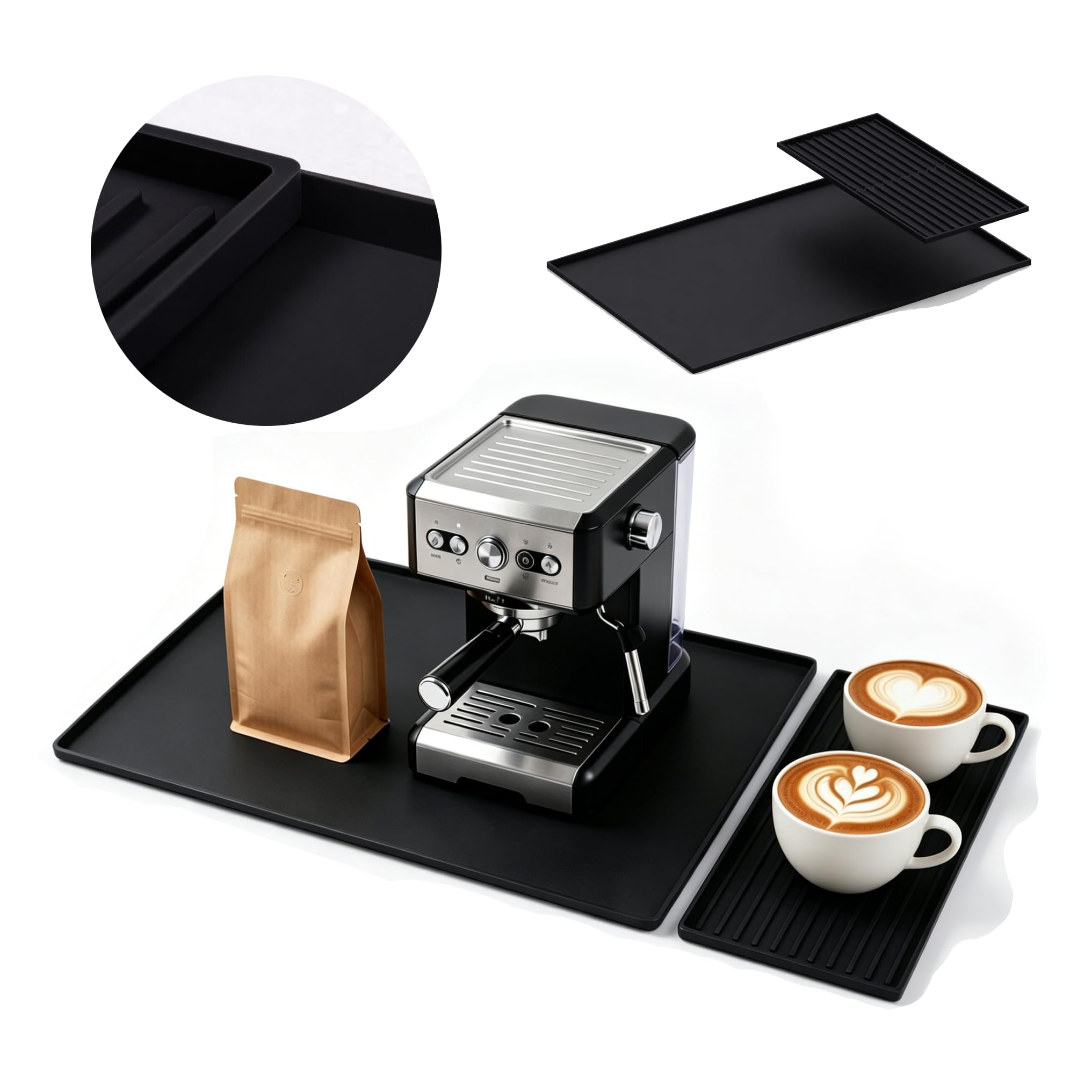 Silicone Coffee Bar Mat 24 x 16 in with Drying Tray, Classic Black | 24 x 16 in food-grade silicone mat for home/coffee bar; removable tray, raised rim, smooth base adds grip, heat insulation