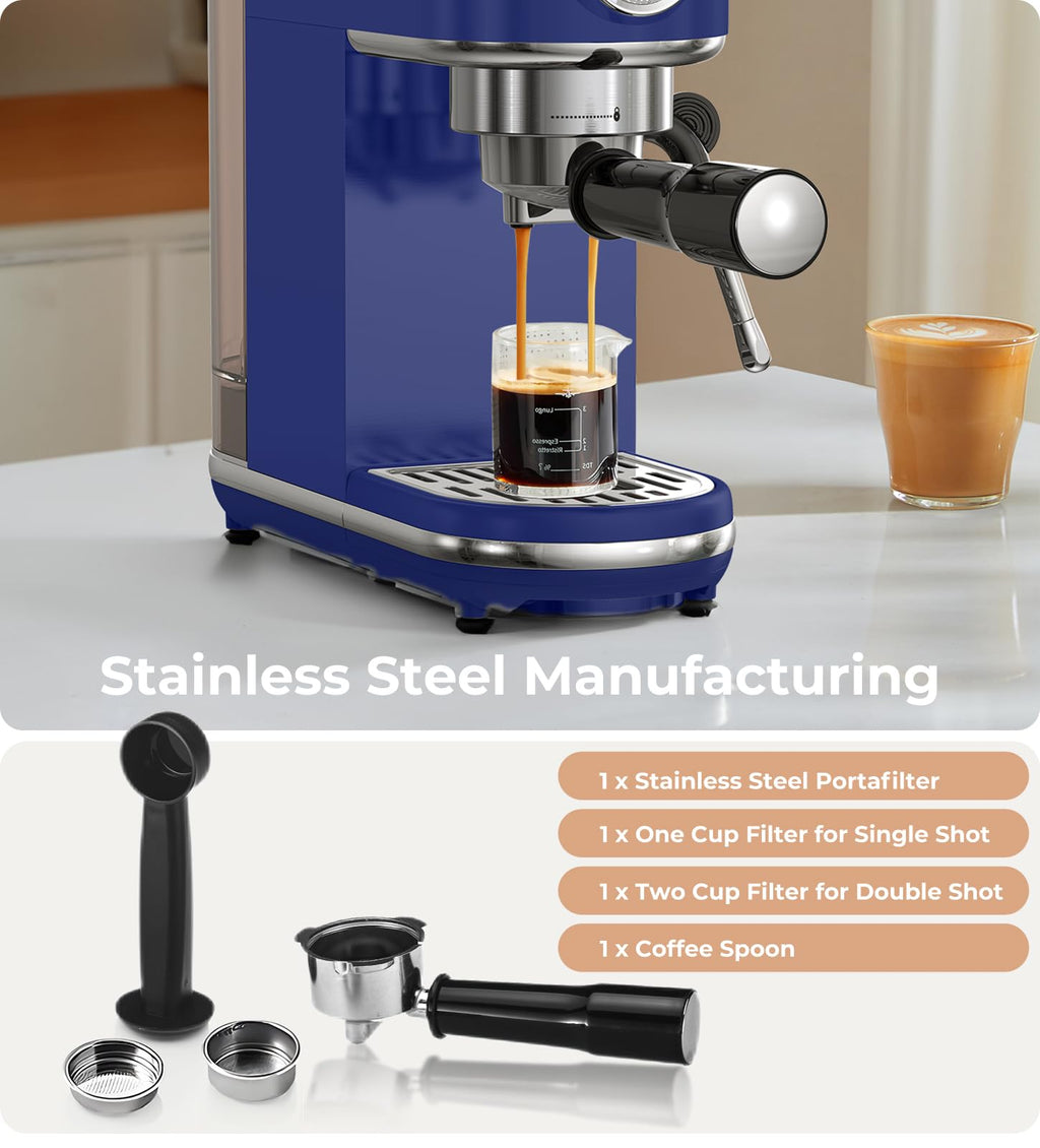 atatix Espresso Machine with Milk Frother, 20 Bar Pressure Espresso Maker, with 44OZ Removable Tank, Compact Stainless Steel Coffee Machine for Home, Office, Latte, Cappuccino, Macchiato, Silver