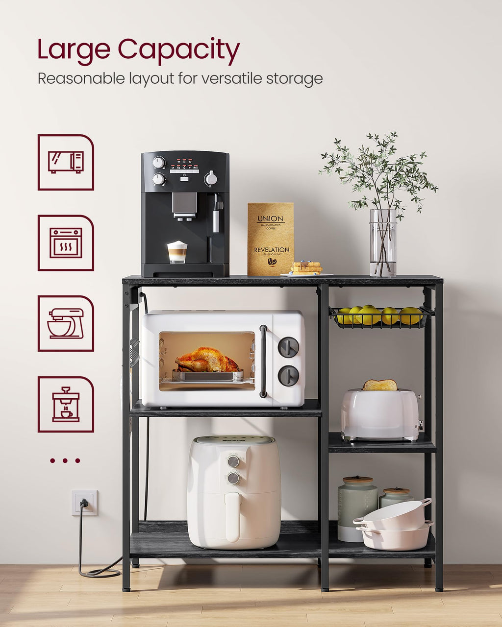VASAGLE Baker's Rack, Coffee Bar Stand with Charging Station, 35.6 Inches Tall, Storage Shelves, Pull-Out Wire Basket, Table for Microwave, Kitchen, Rustic Brown and Ink Black UKKS036K01