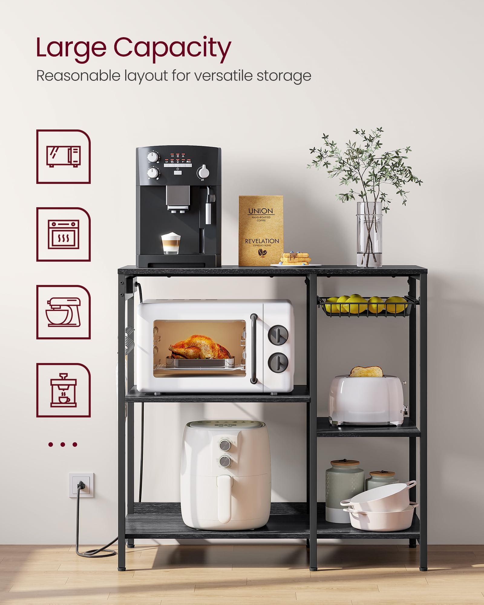 VASAGLE Baker's Rack, Coffee Bar Stand with Charging Station, 35.6 Inches Tall, Storage Shelves, Pull-Out Wire Basket, Table for Microwave, Kitchen, Rustic Brown and Ink Black UKKS036K01