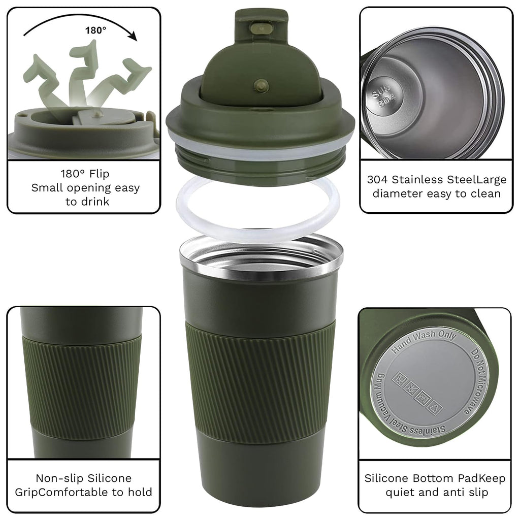 YINBAOGE Insulated Travel Coffee Mug, Spill & Leak Proof, Portable To Go Camping Stainless Steel Coffee Tumbler, Reusable Thermal Coffee Cup with Lid for Hot & Cold Drinks (Black, 12 OZ)